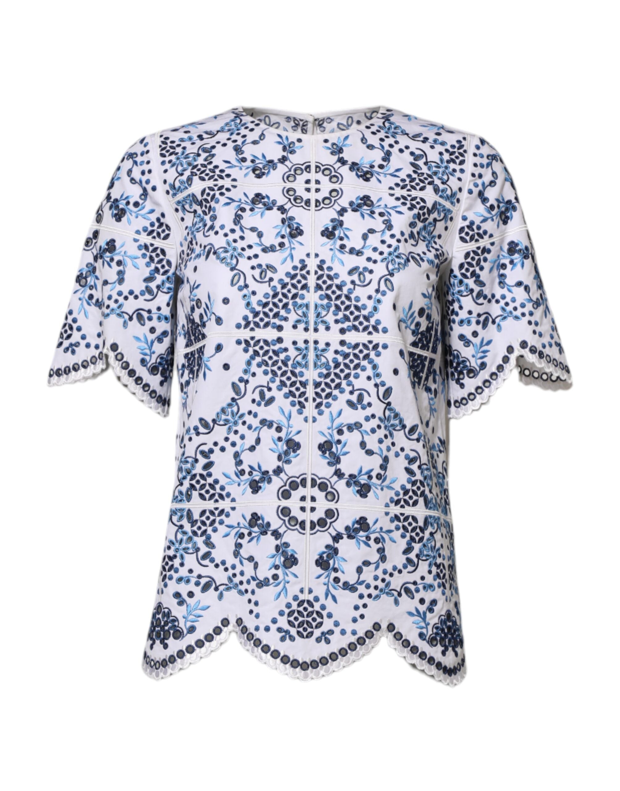 Blauwe Blouse met Ronde Hals en Broderie