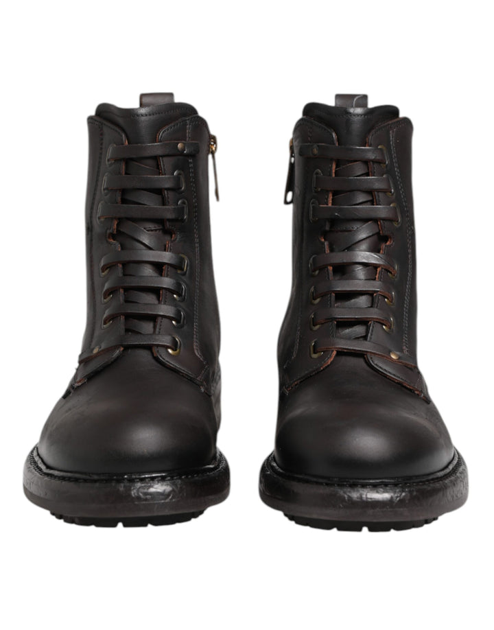 Dolce & Gabbana Dark Brown Leather Lace Up Mid Calf Boots Shoes