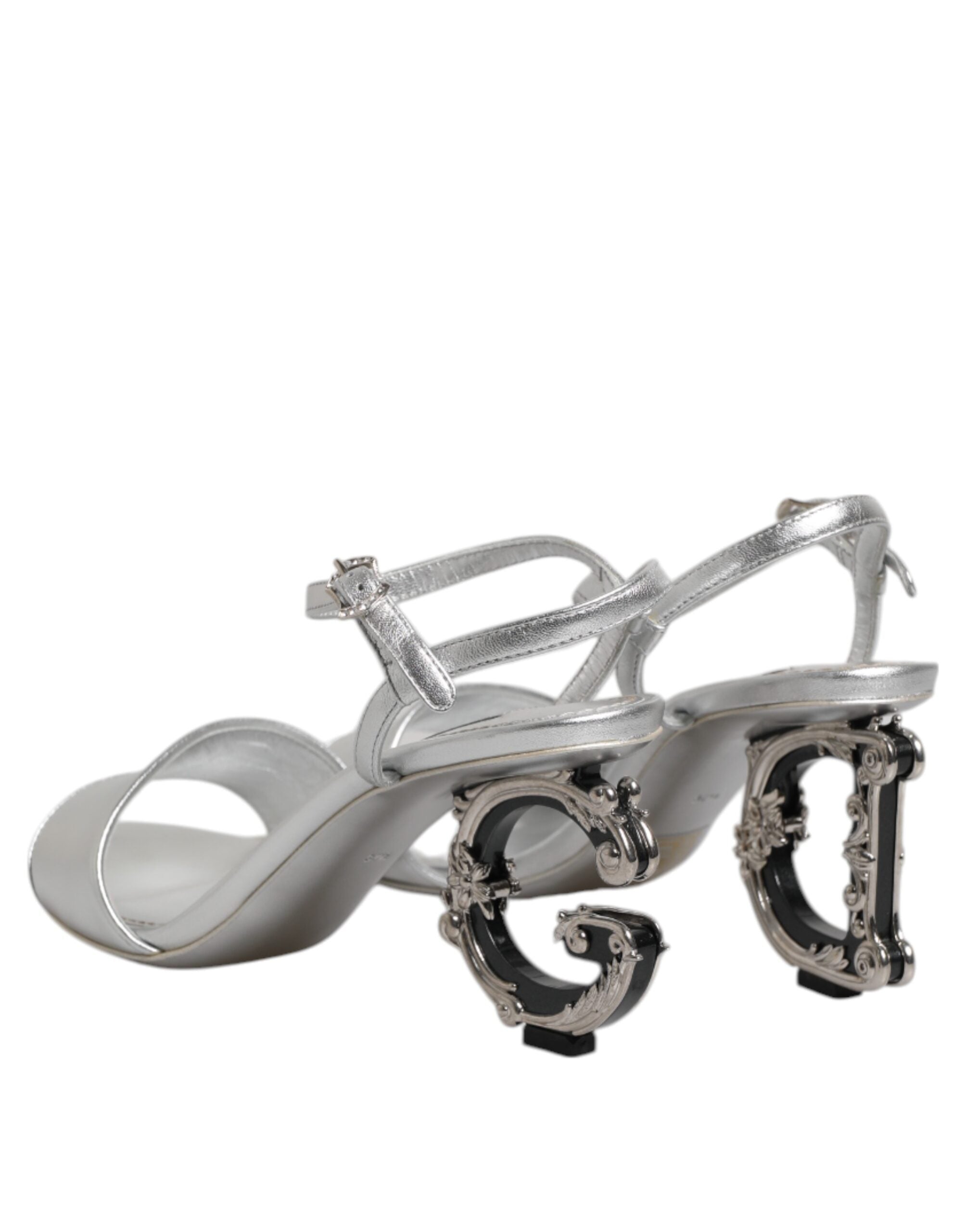 Dolce & Gabbana Silver Leather DG Heels Keira Sandals Shoes