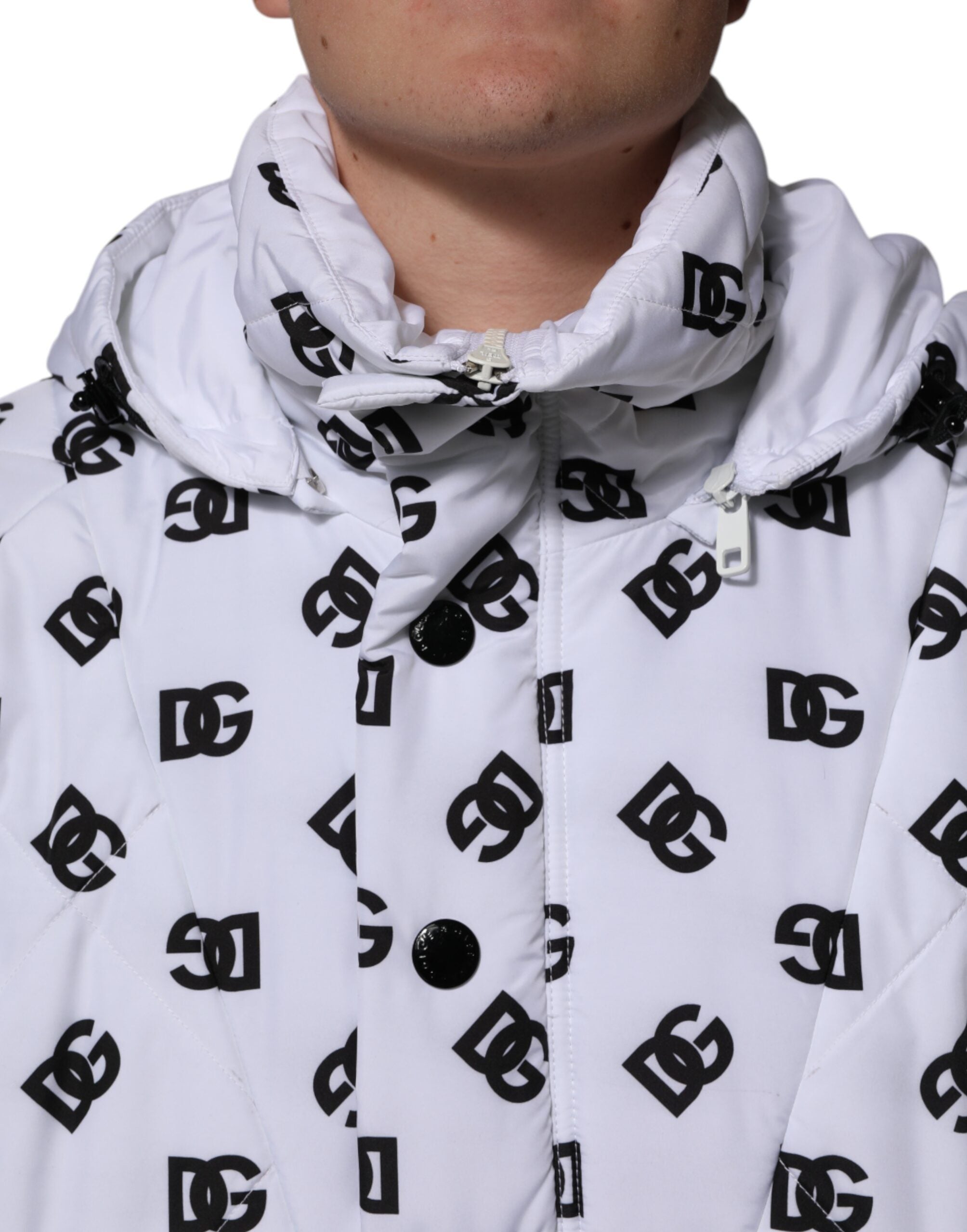 Dolce & Gabbana White DG Monogram Hooded Quilted Jacket