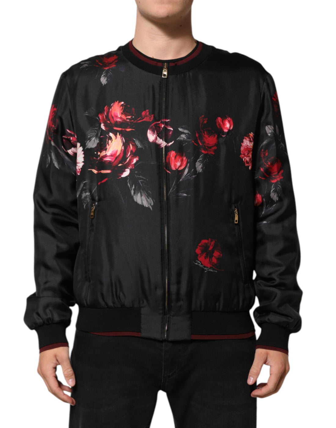 Zwarte Rode Gebloemde Zijden Bomber Blouson Jas