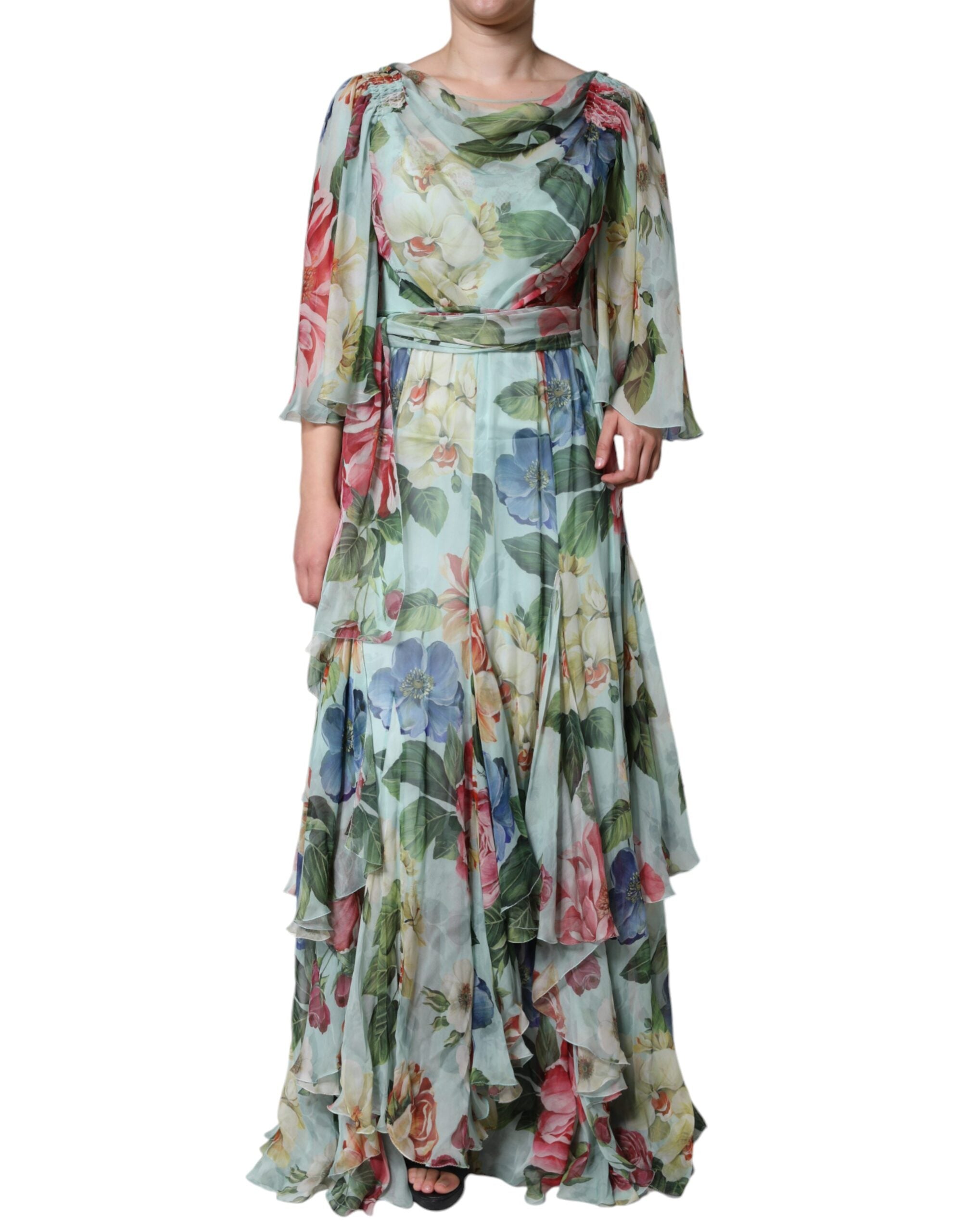 Blauwe Maxi Jurk Met Bloemenprint En Ruches