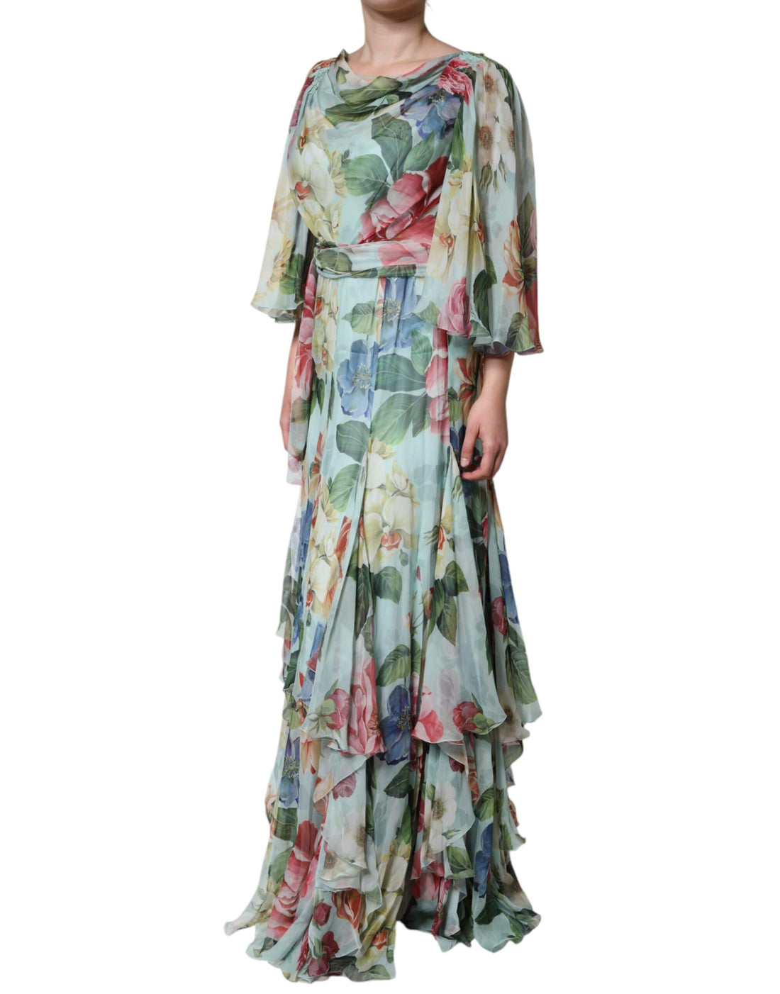 Blauwe Maxi Jurk Met Bloemenprint En Ruches
