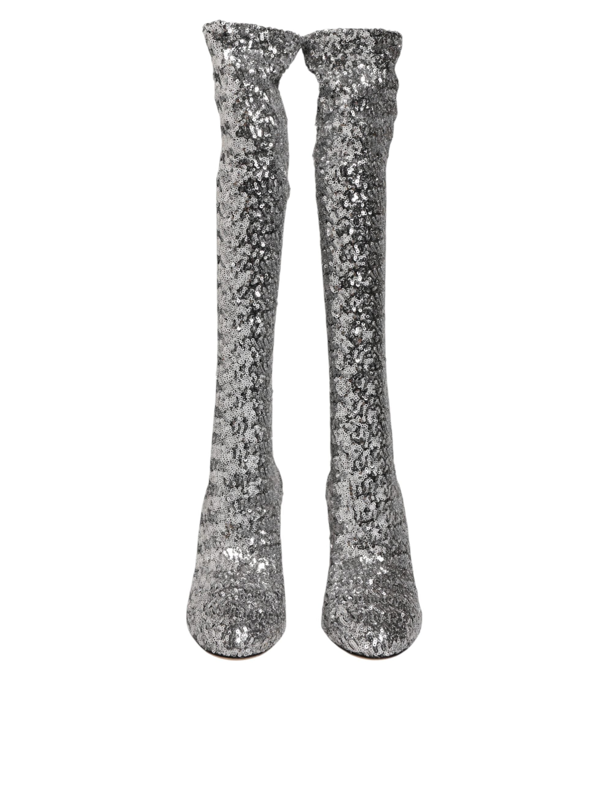 Dolce & Gabbana Silver Sequins Glitter High Heel Boot Shoes