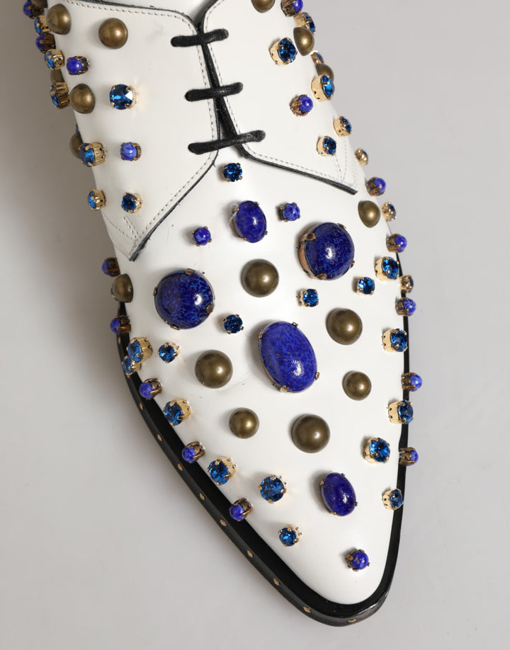 Dolce & Gabbana White Leather Crystals Embellished Dress Shoes