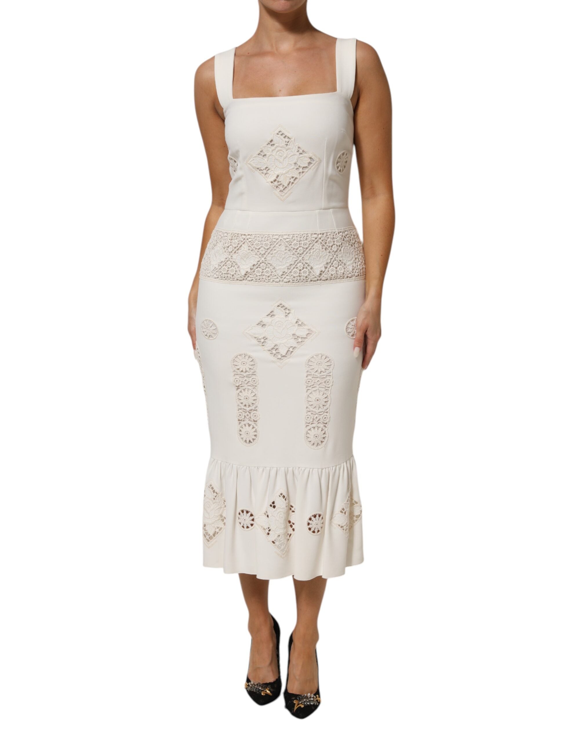 Witte mouwloze midi-jurk met bloemenkant