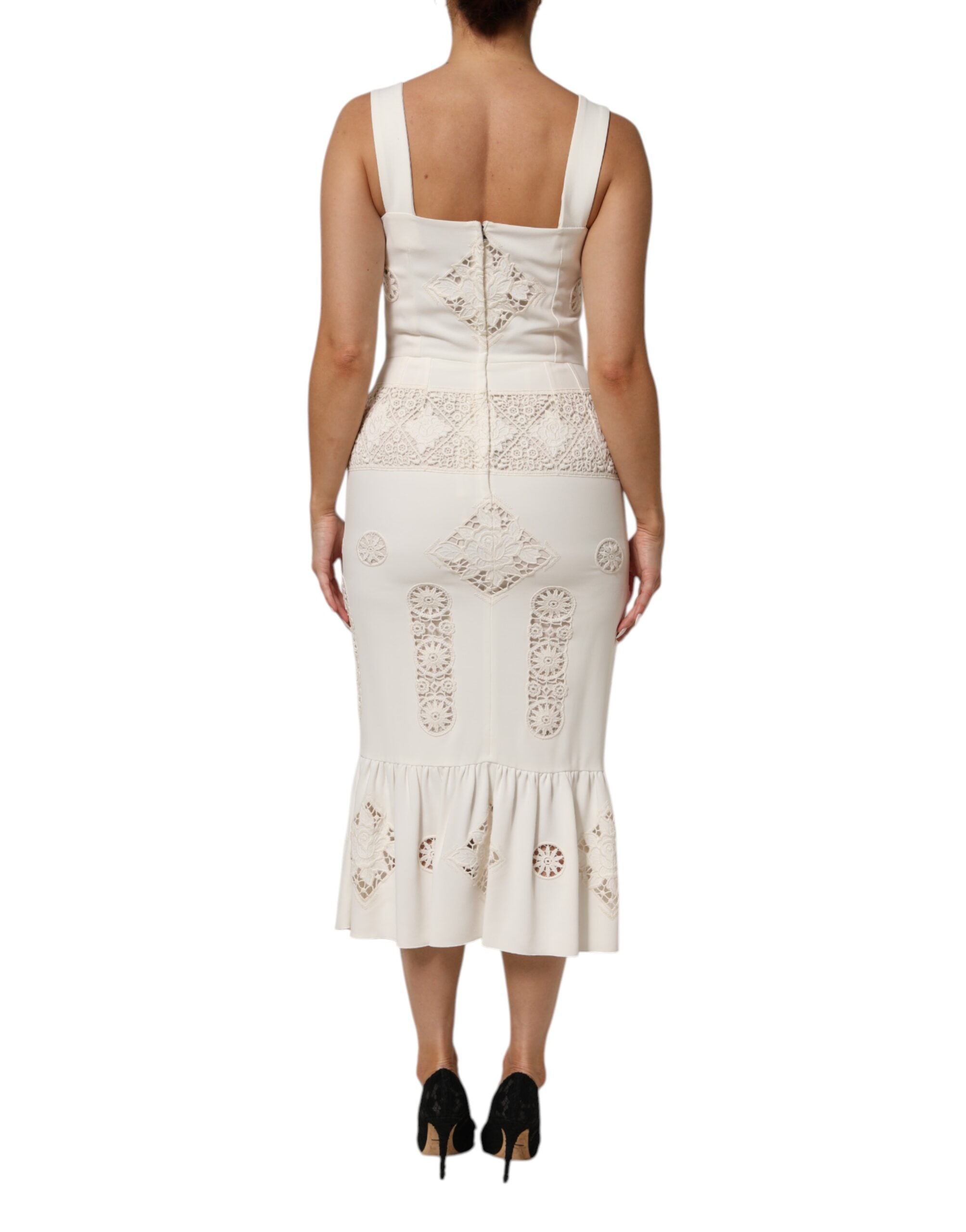 Witte mouwloze midi-jurk met bloemenkant
