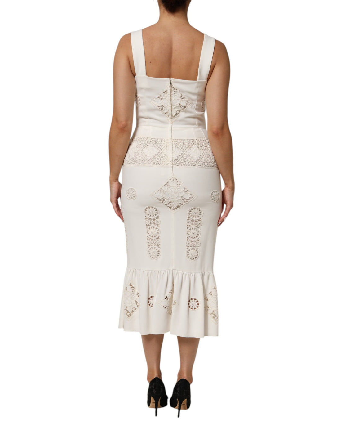 Witte mouwloze midi-jurk met bloemenkant