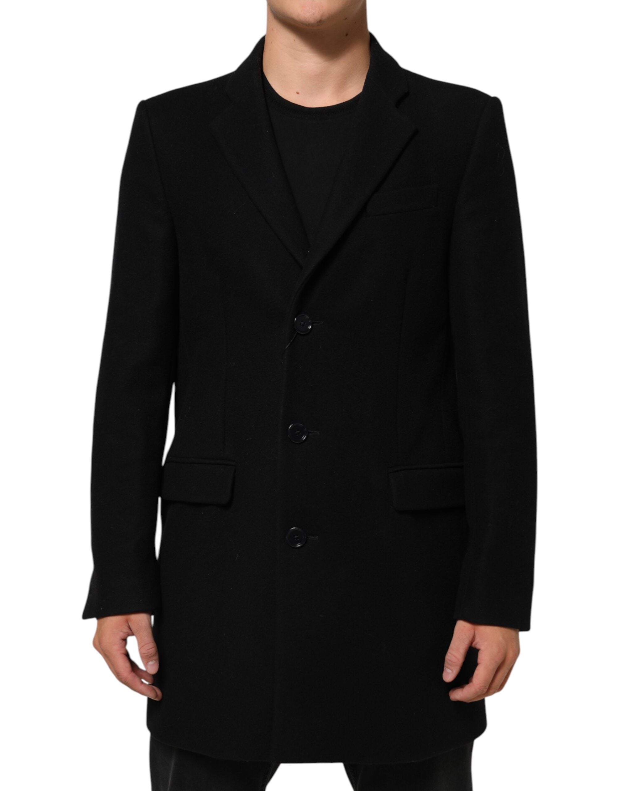 Zwarte Wollen Trenchcoat Jas met Knopen voor Heren