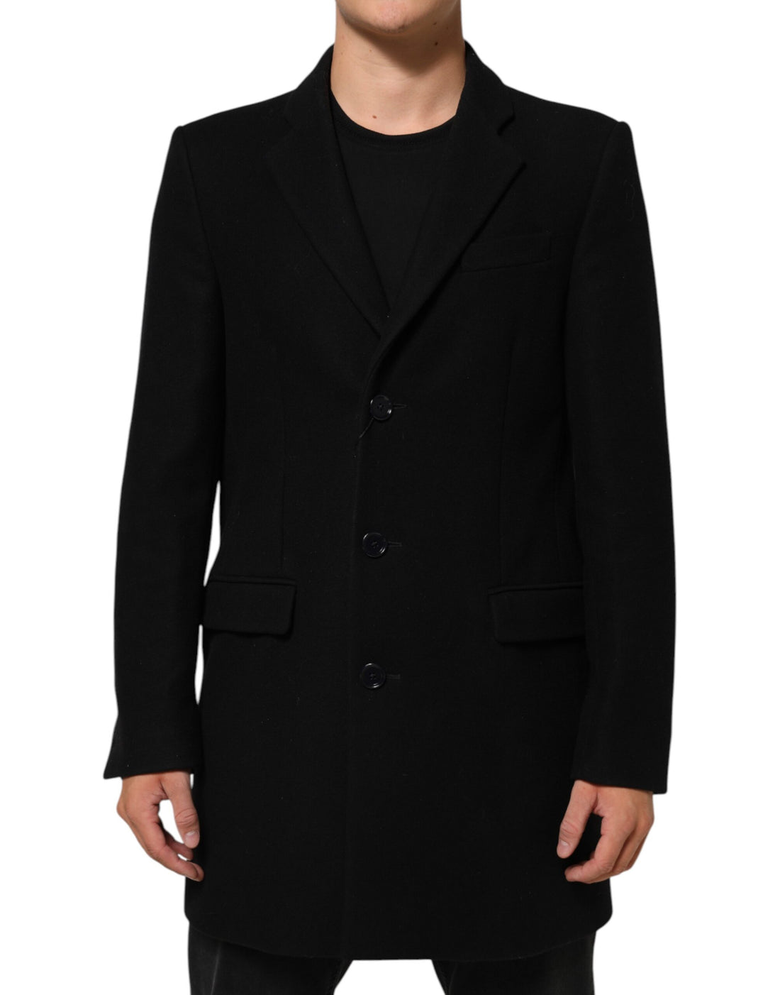 Zwarte Wollen Trenchcoat Jas met Knopen voor Heren