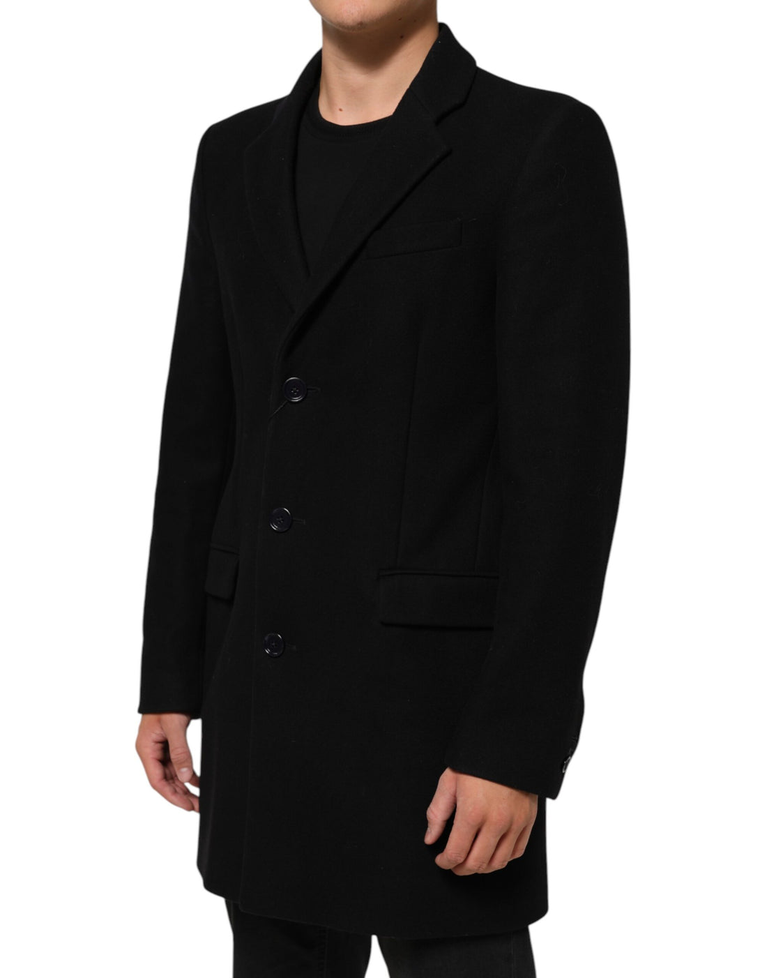 Zwarte Wollen Trenchcoat Jas met Knopen voor Heren