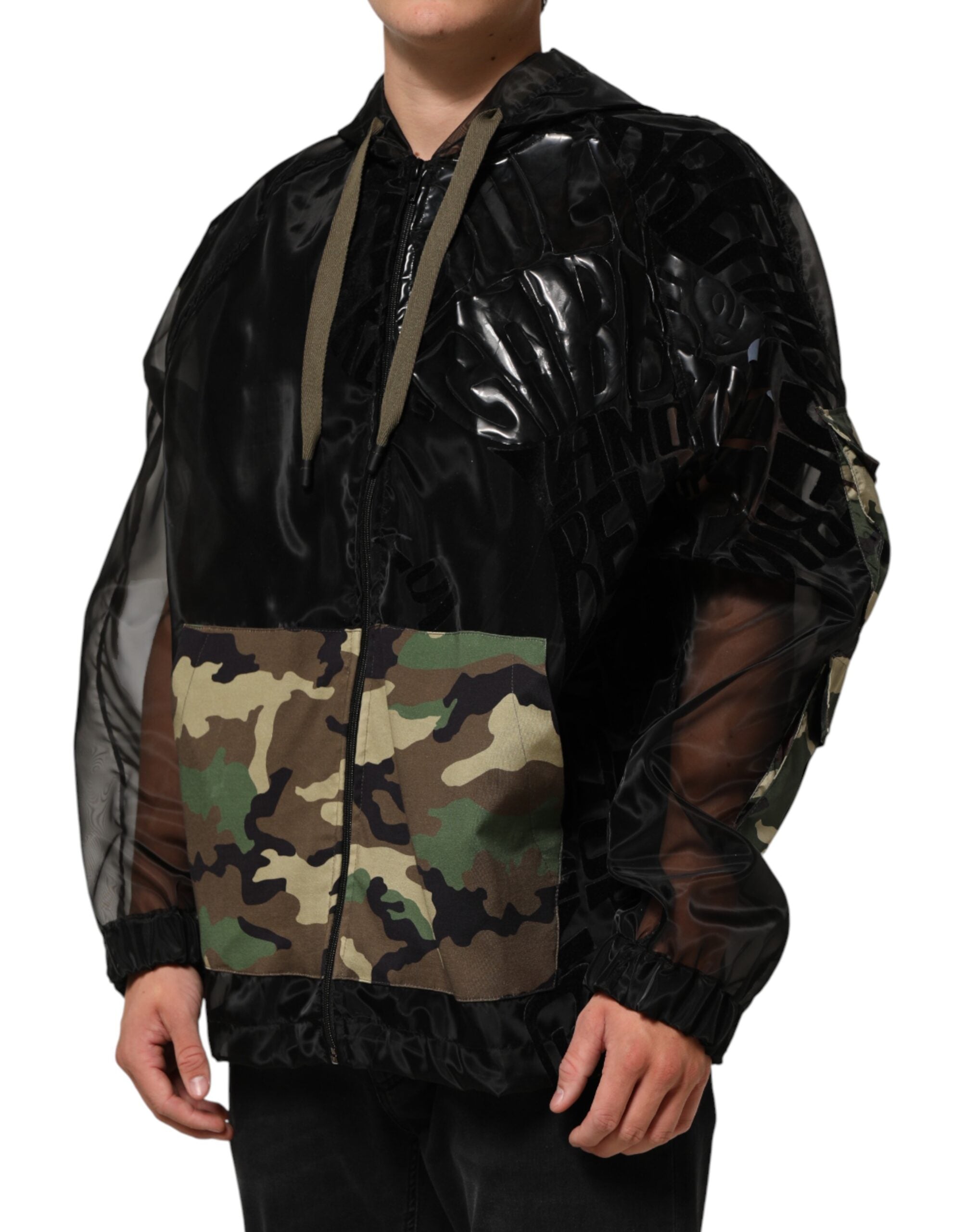 Dolce & Gabbana Black Camouflage Hooded Men Full Zip Sweater