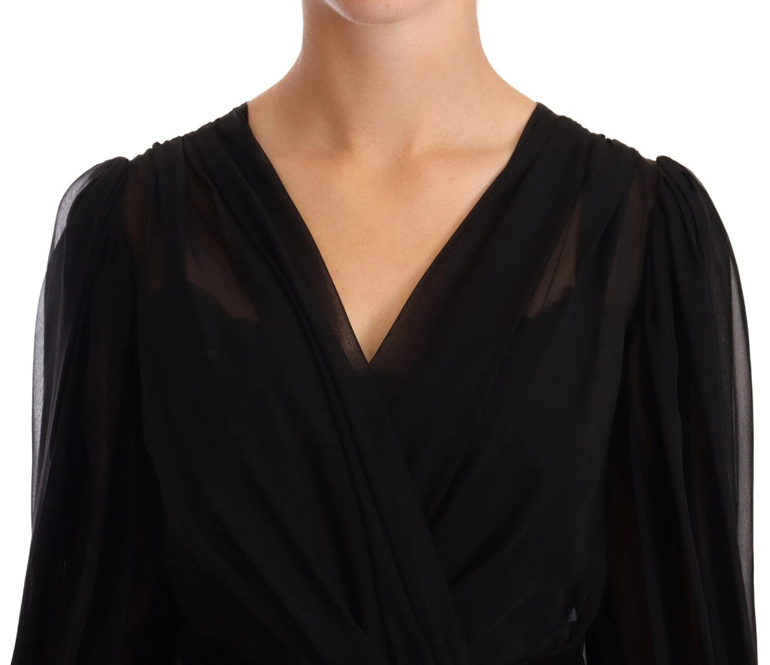 Dolce & Gabbana Black Silk Tulle Long Sleeve V-neck Dress