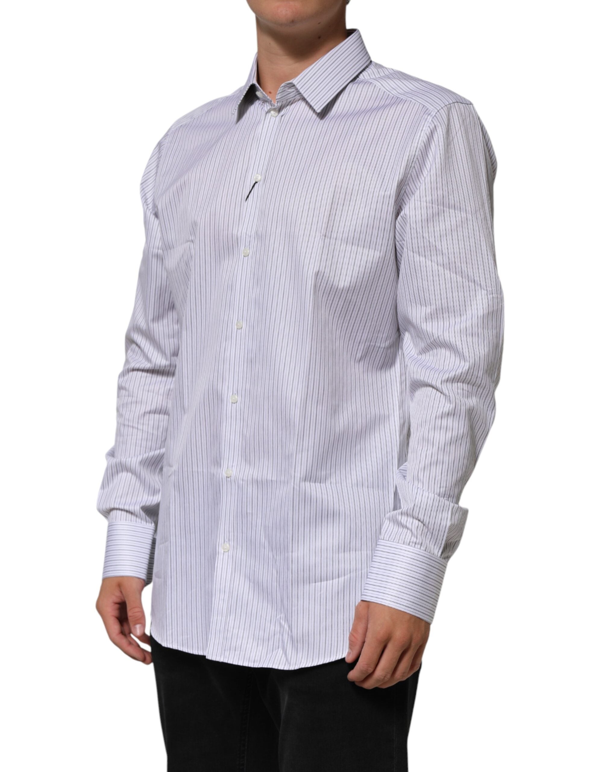 Dolce & Gabbana White Stripes Cotton Men GOLD Dress Shirt