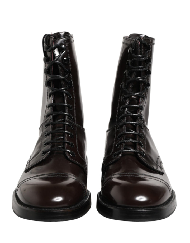 Dolce & Gabbana Brown Leather Lace Up Mid Calf Boots Shoes