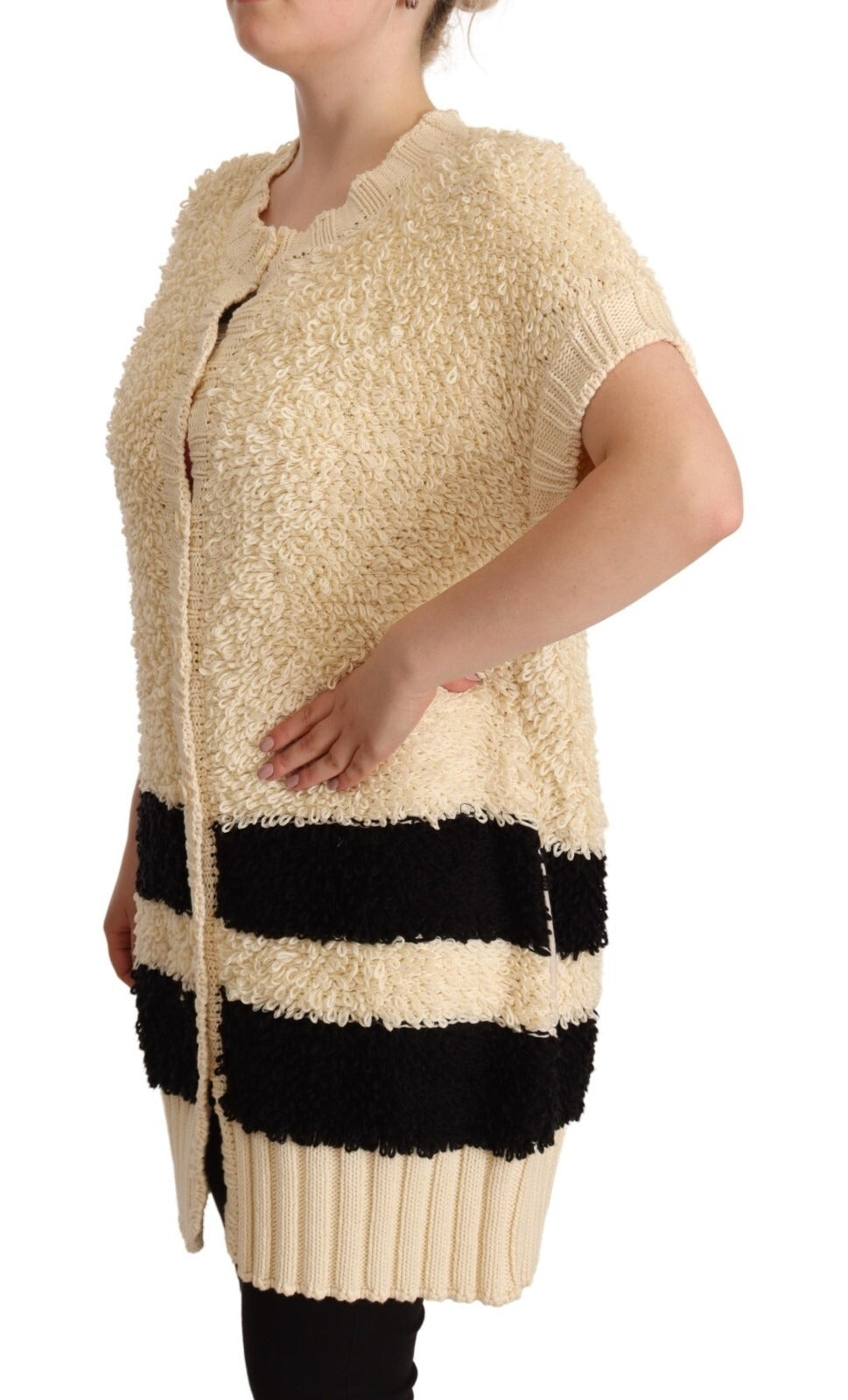 Philosophy Beige Black Short Sleeve Button Cardigan Sweater