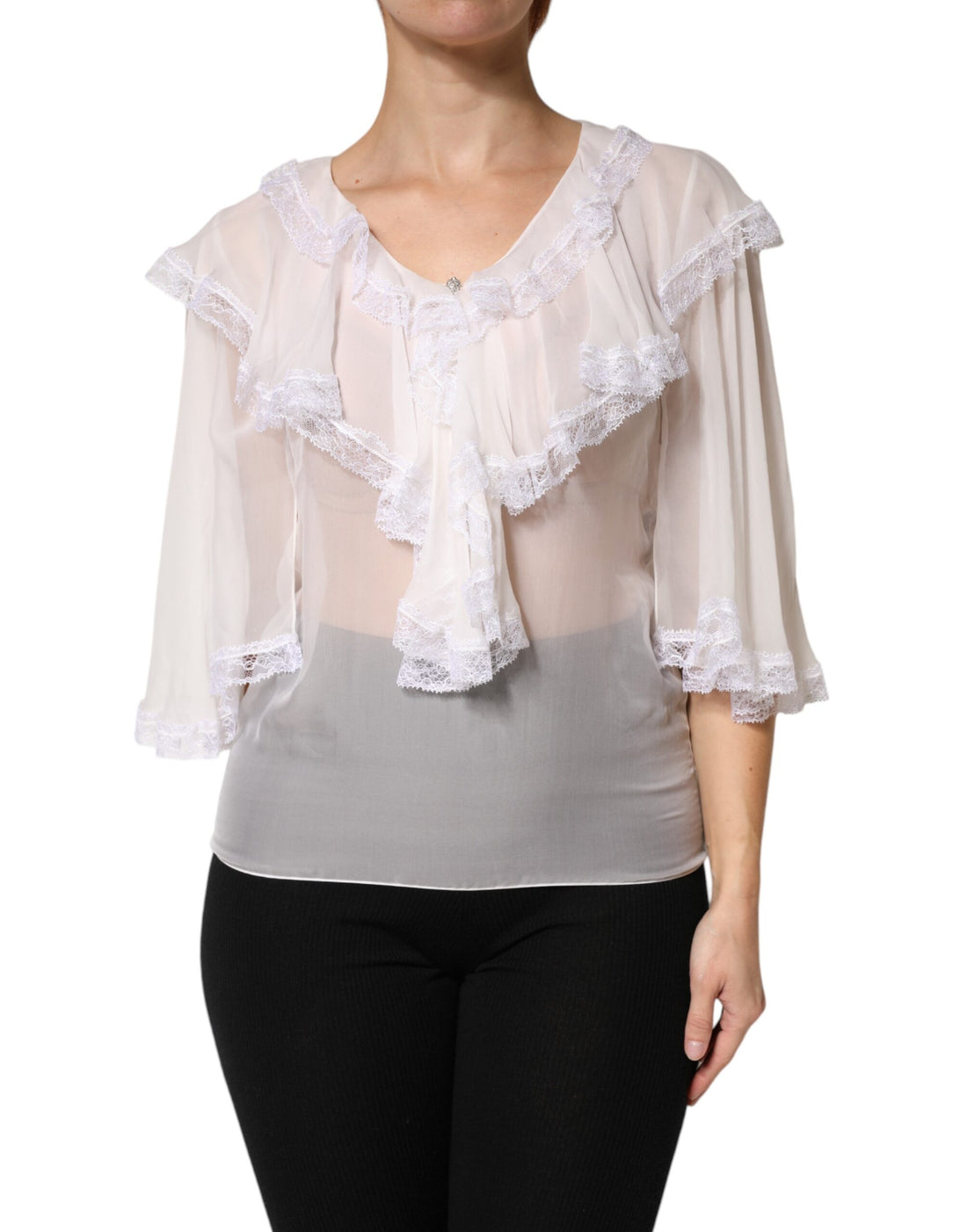 Dolce & Gabbana White Ruffles Lace Long Sleeve Blouse Top