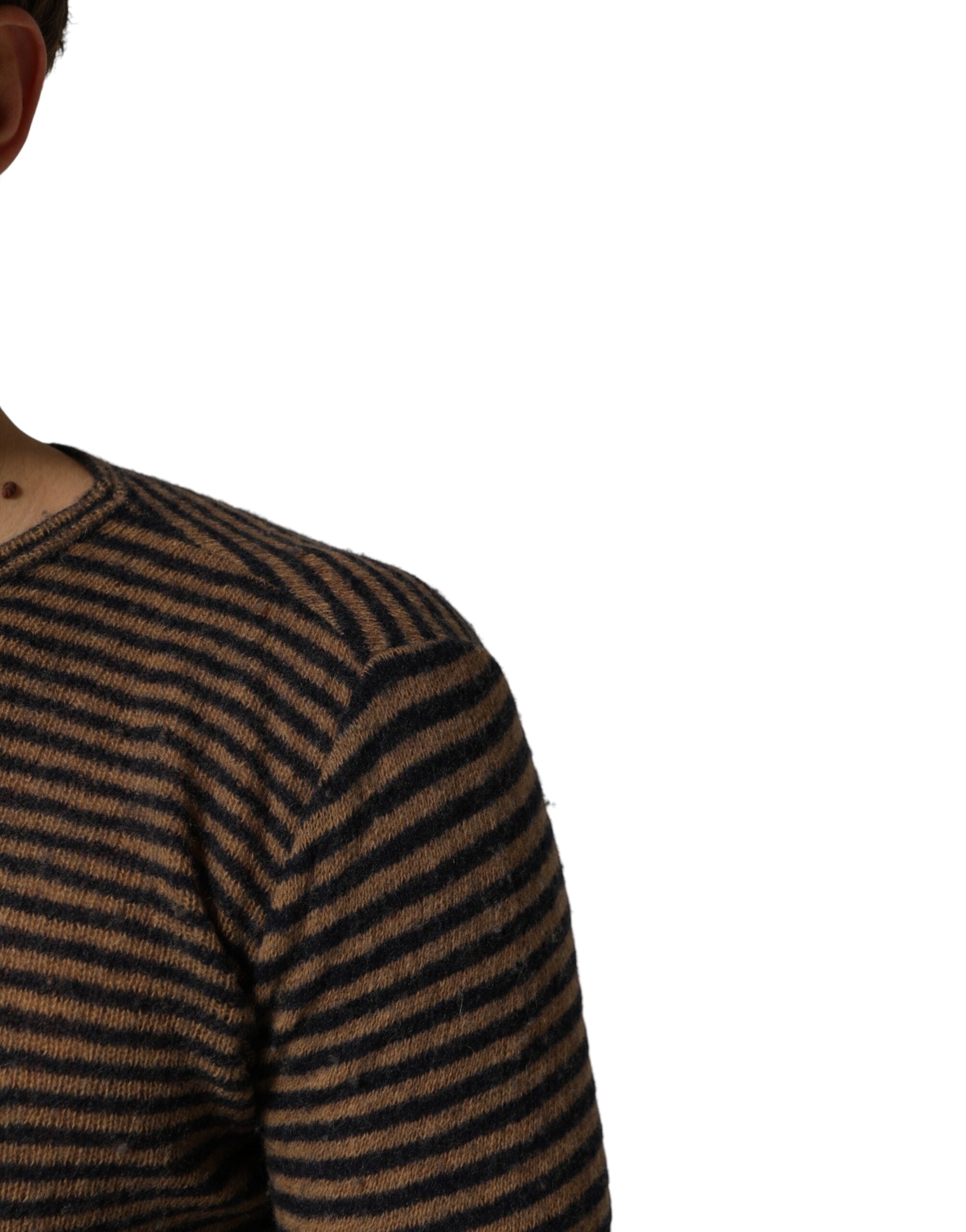 Daniele Alessandrini Brown Black Stripes Wool Crew Neck Pullover Sweater