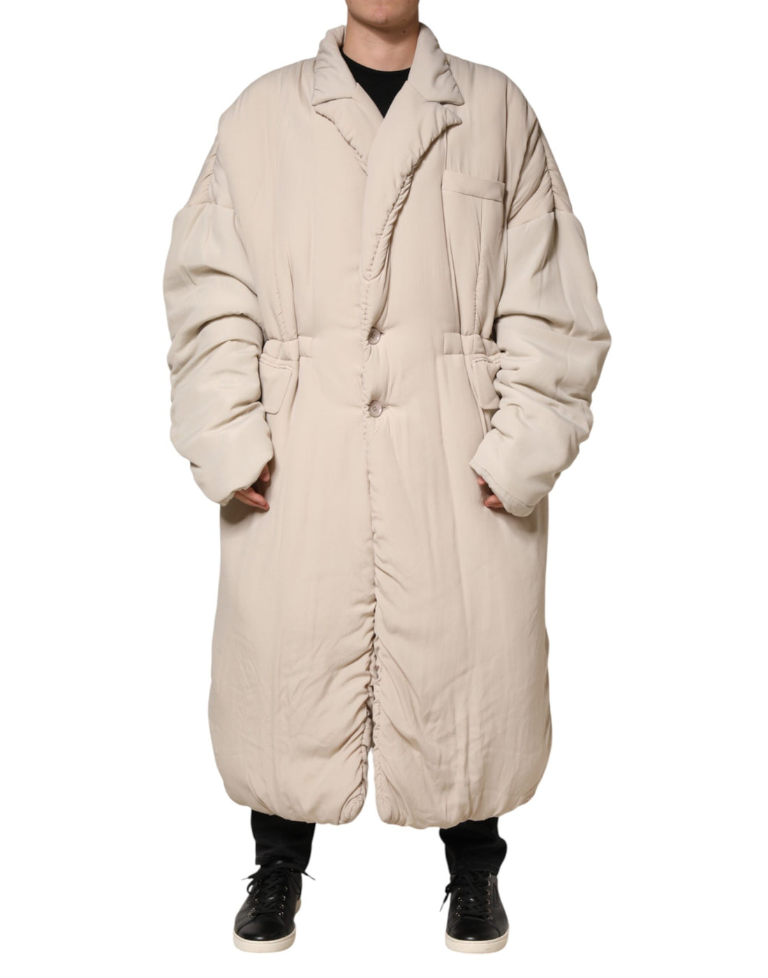 Dolce & Gabbana Beige Padded Collared Long Trench Coat Jacket