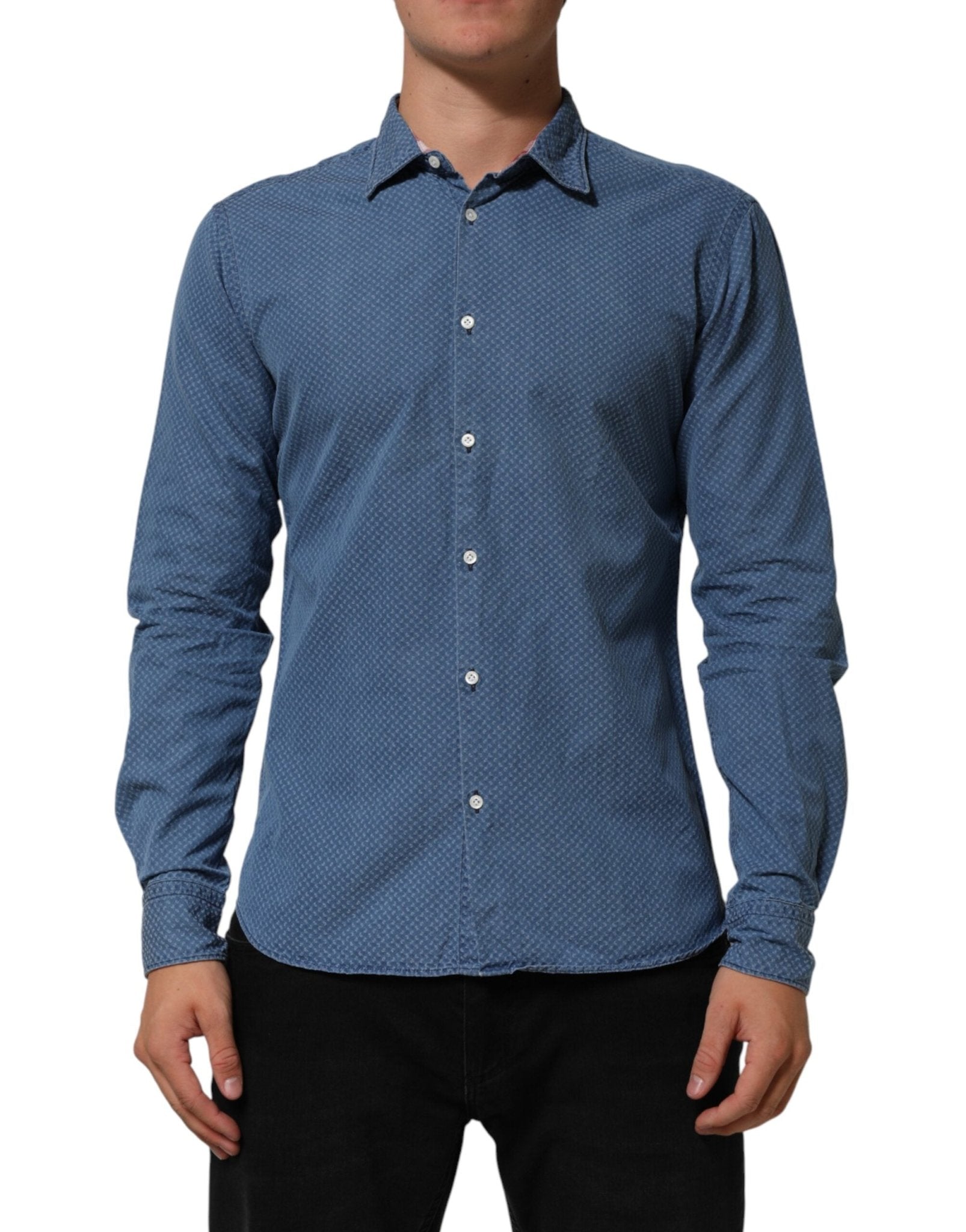 AGLINI Blue Cotton Slim Fit Collared Long Sleeve Casual Shirt - RIMODA