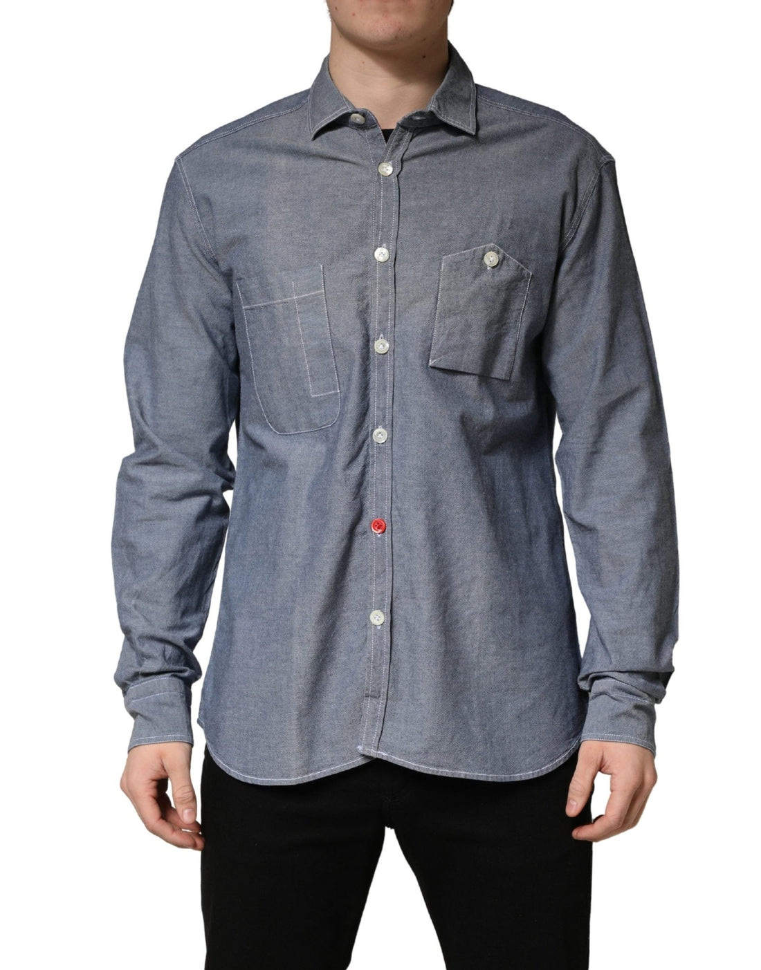 AGLINI Dark Blue Slim Fit Collared Long Sleeve Denim Shirt - RIMODA