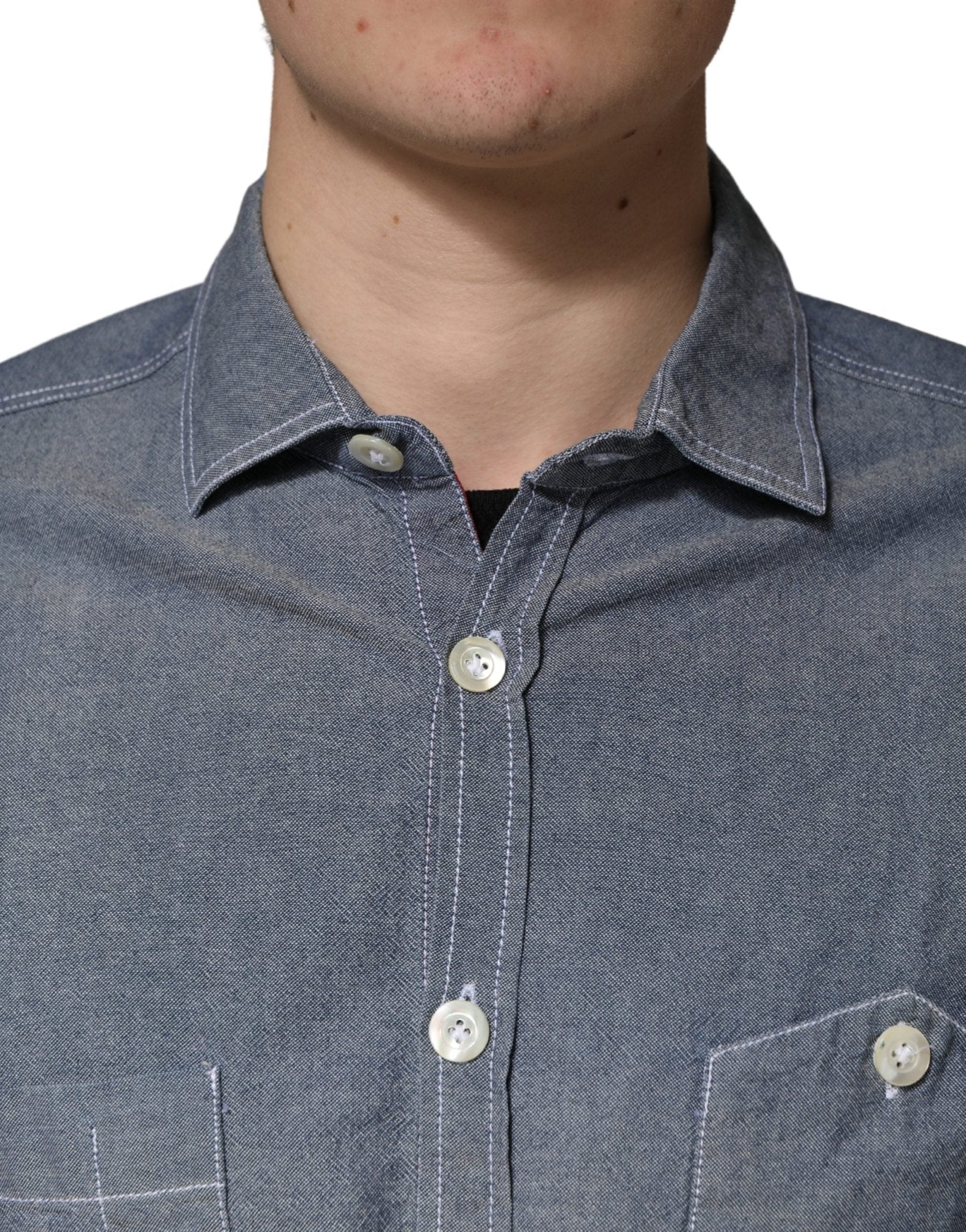 AGLINI Dark Blue Slim Fit Collared Long Sleeve Denim Shirt - RIMODA