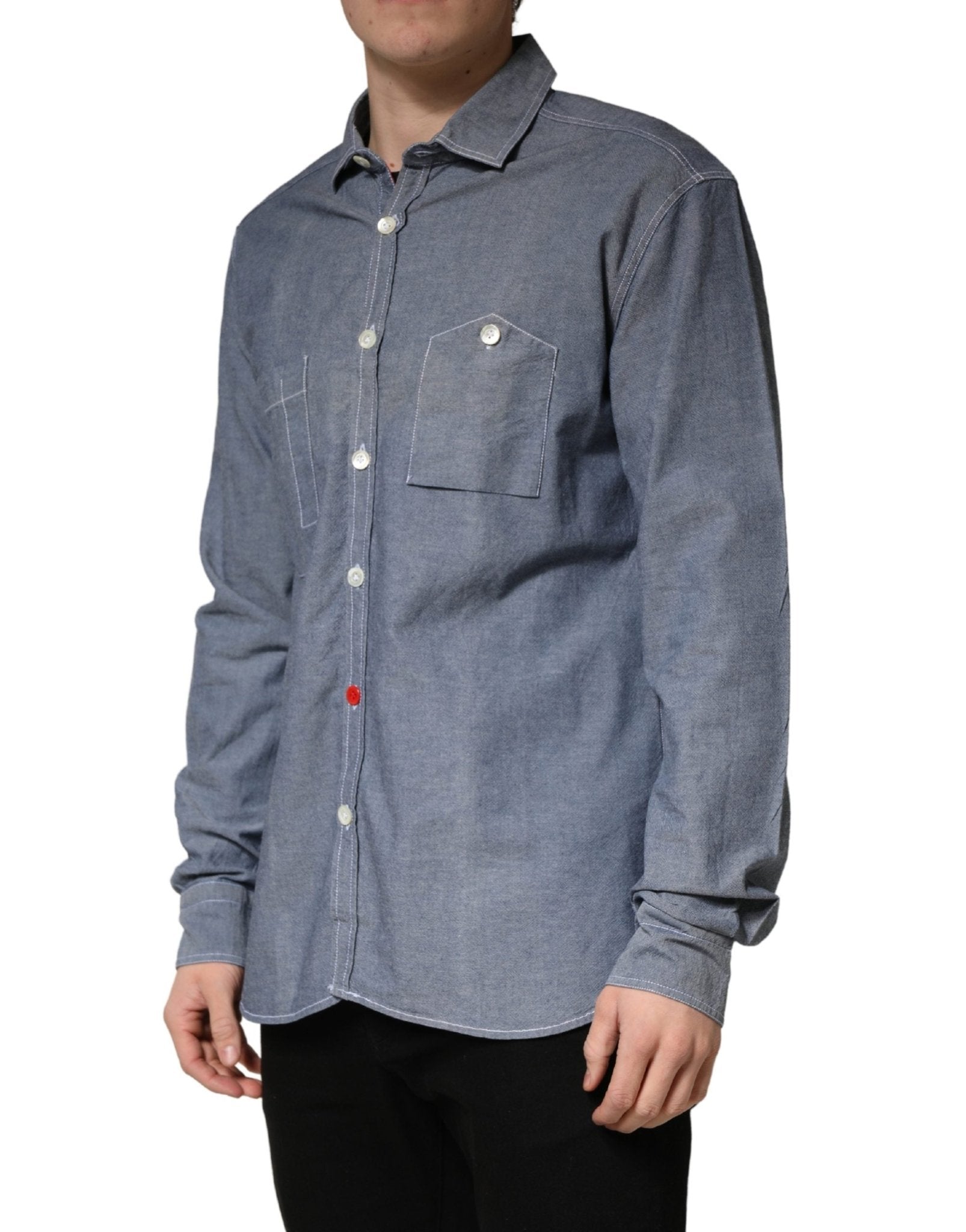 AGLINI Dark Blue Slim Fit Collared Long Sleeve Denim Shirt - RIMODA