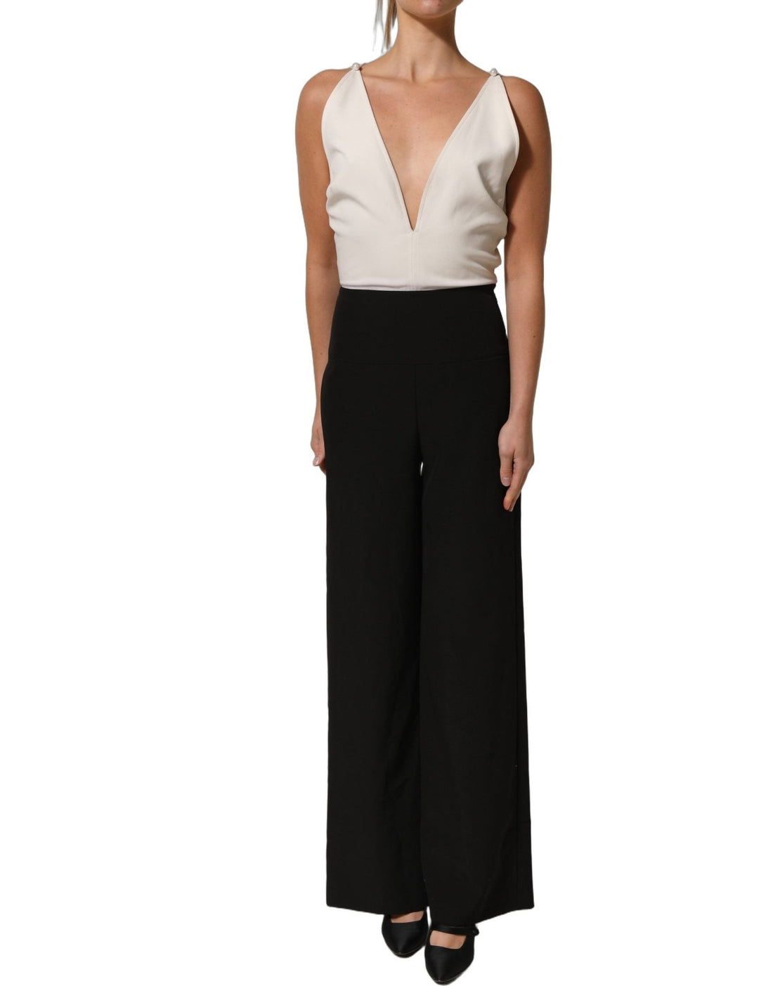 Atos Lombardini White Black Plunging Neck Sleeveless Bodysuit Dress - RIMODA