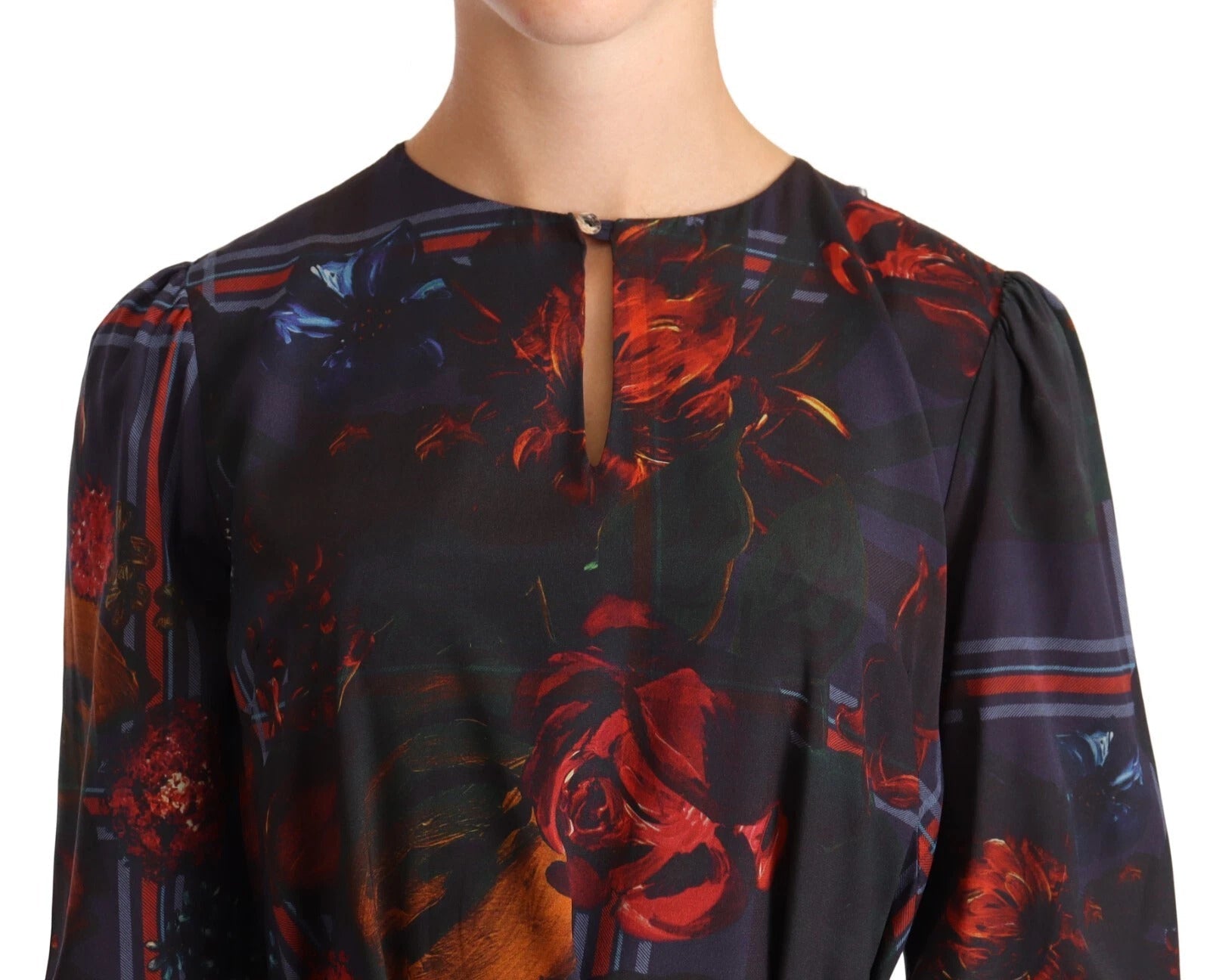 Ballantyne A - line Navy Blue Floral Silk Long Sleeve Knee Length Dress - RIMODA