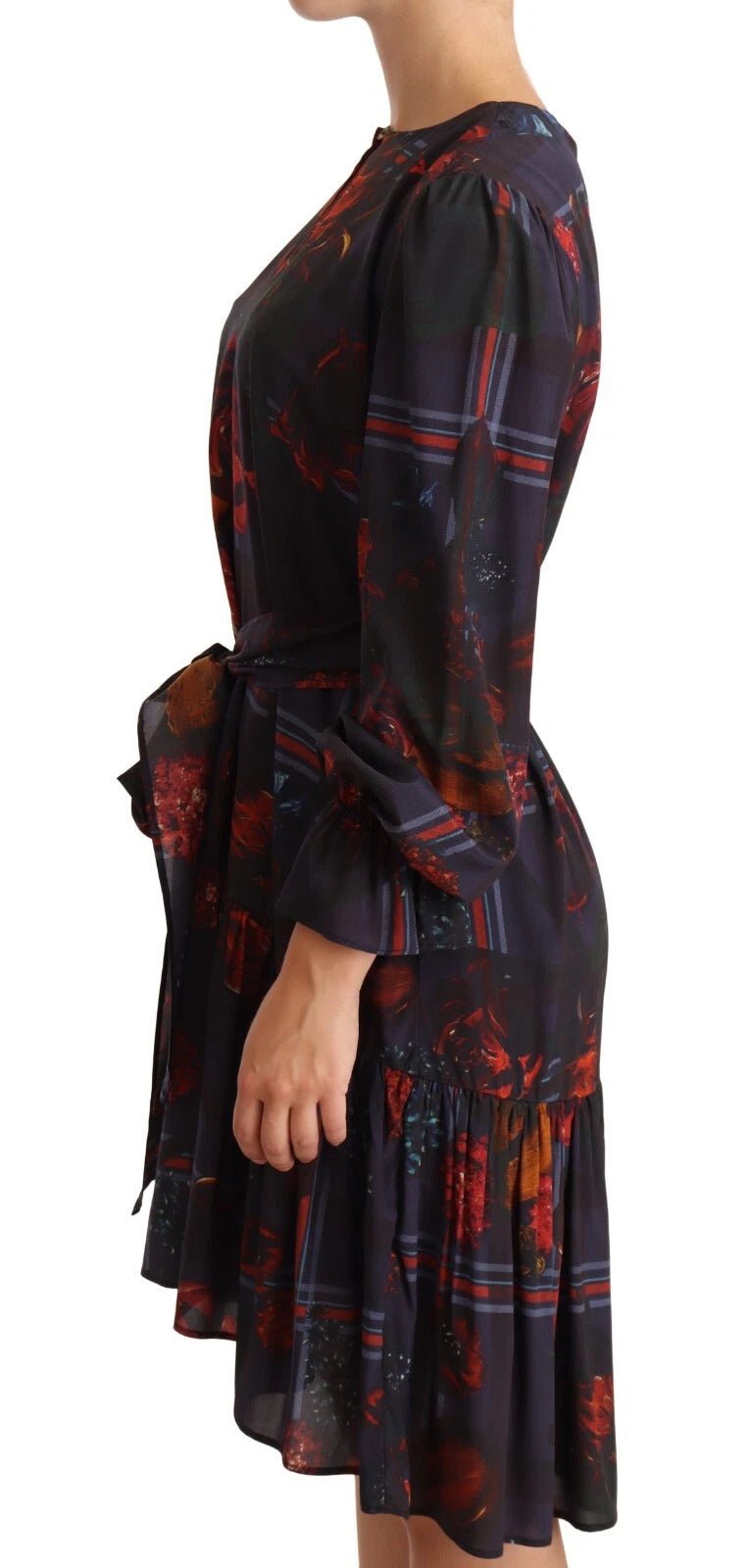 Ballantyne A - line Navy Blue Floral Silk Long Sleeve Knee Length Dress - RIMODA