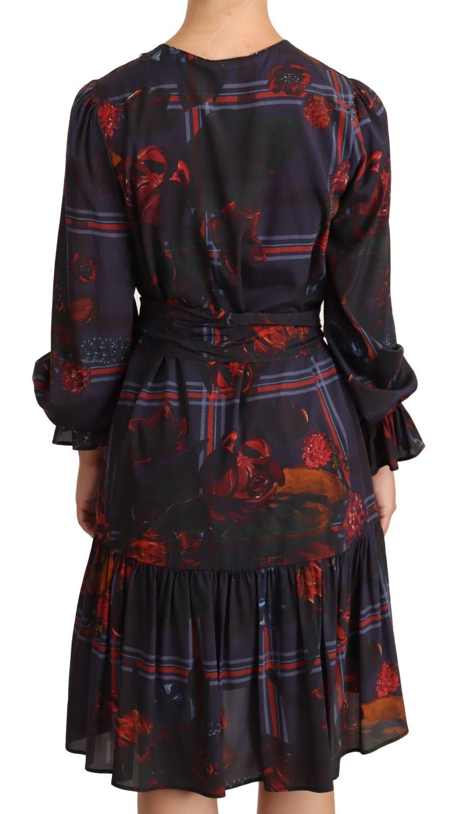 Ballantyne A - line Navy Blue Floral Silk Long Sleeve Knee Length Dress - RIMODA