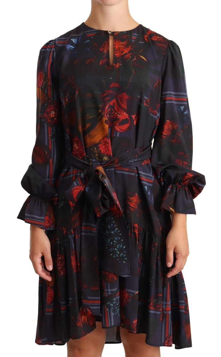 Ballantyne A - line Navy Blue Floral Silk Long Sleeve Knee Length Dress - RIMODA