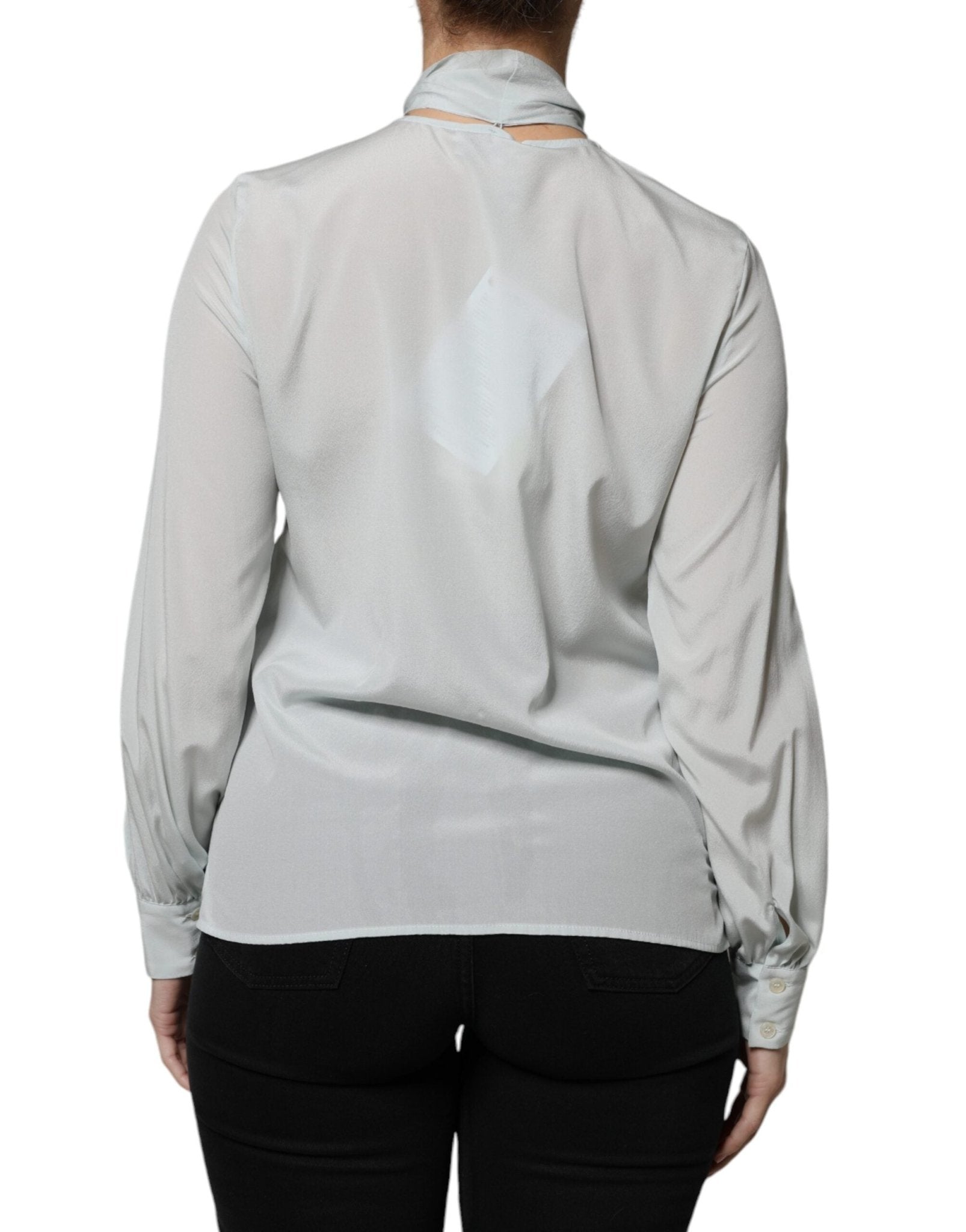 Ballantyne Light Blue Silk Ascot Collared Long Sleeves Top - RIMODA