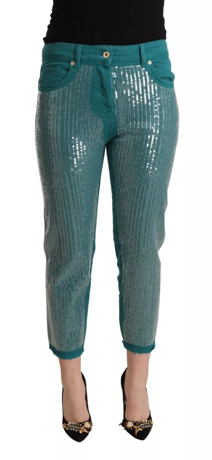 Blumarine Cadet Blue Sequined Low Waist Cropped Trouser Pants - RIMODA