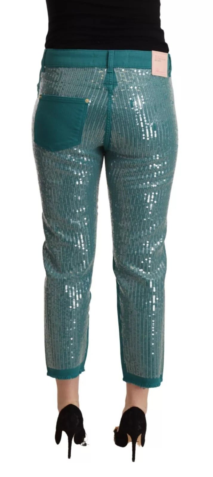 Blumarine Cadet Blue Sequined Low Waist Cropped Trouser Pants - RIMODA