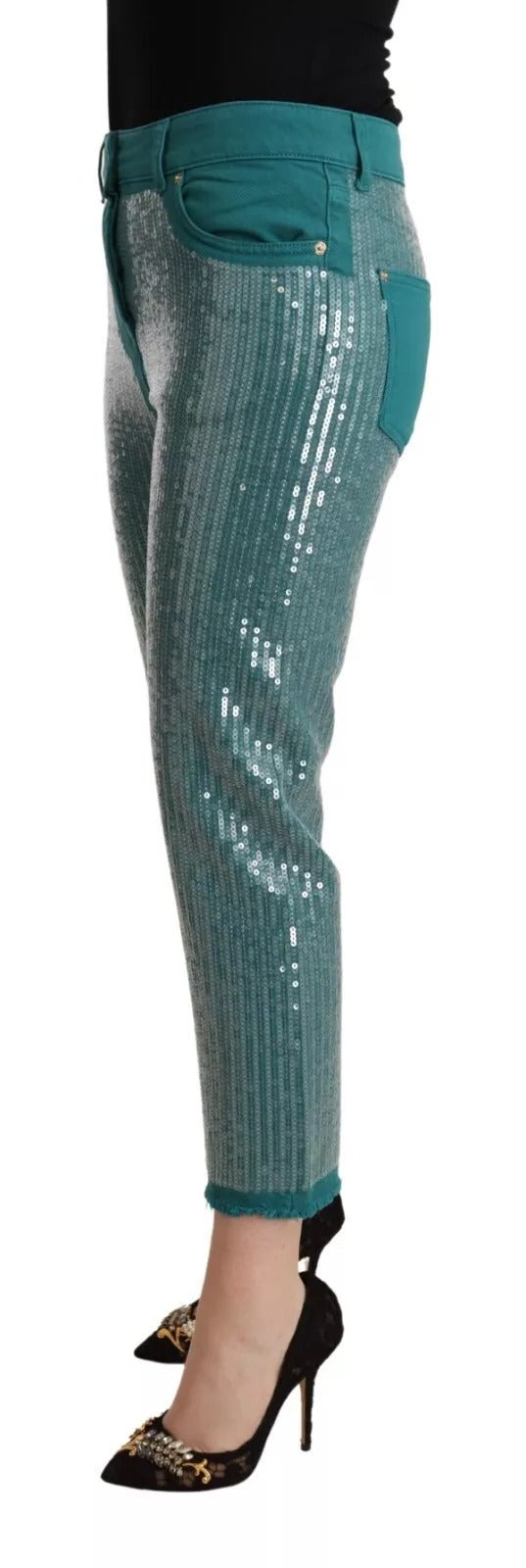 Blumarine Cadet Blue Sequined Low Waist Cropped Trouser Pants - RIMODA
