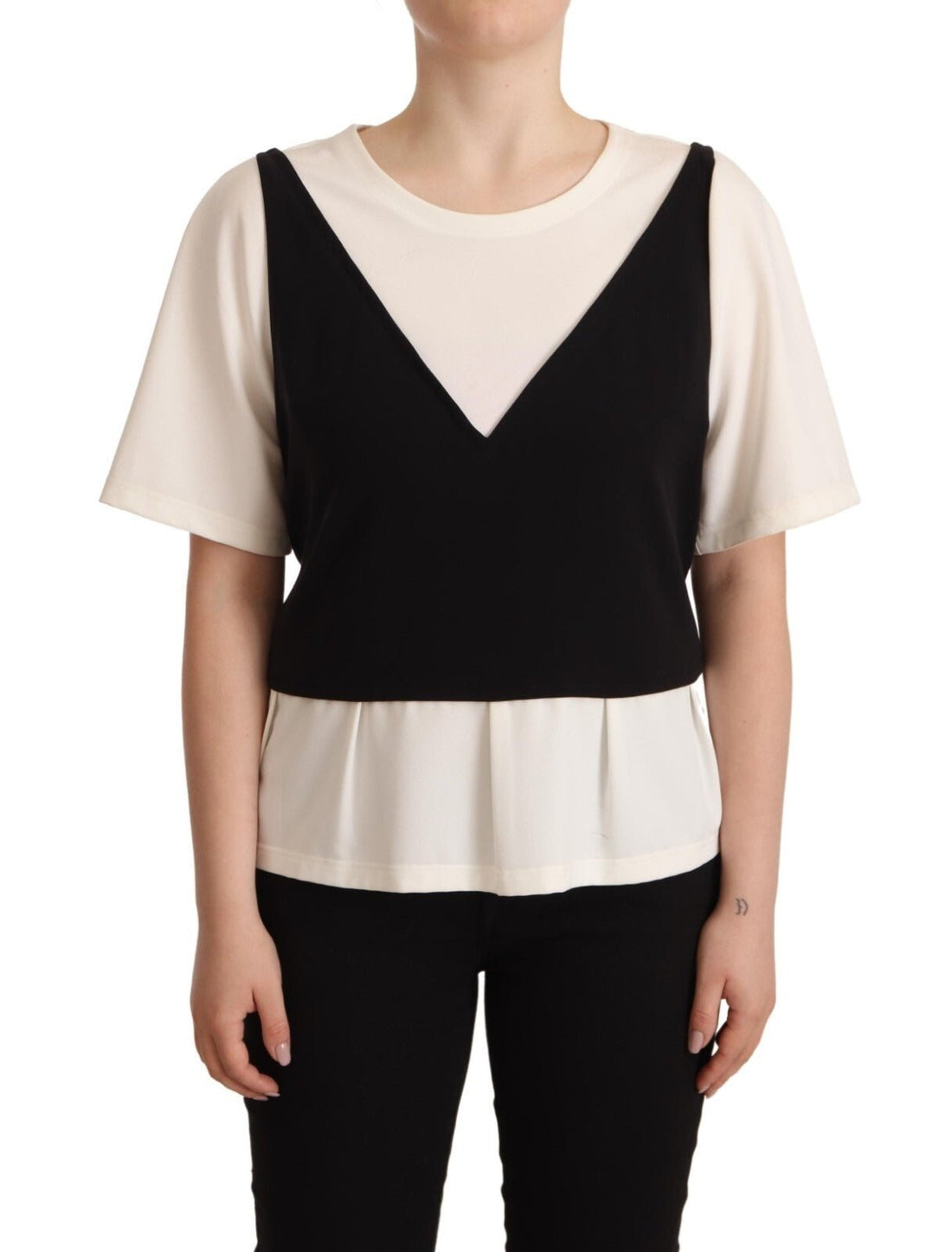 Boutique Moschino Black White Polyester Short Sleeves Top Blouse - RIMODA