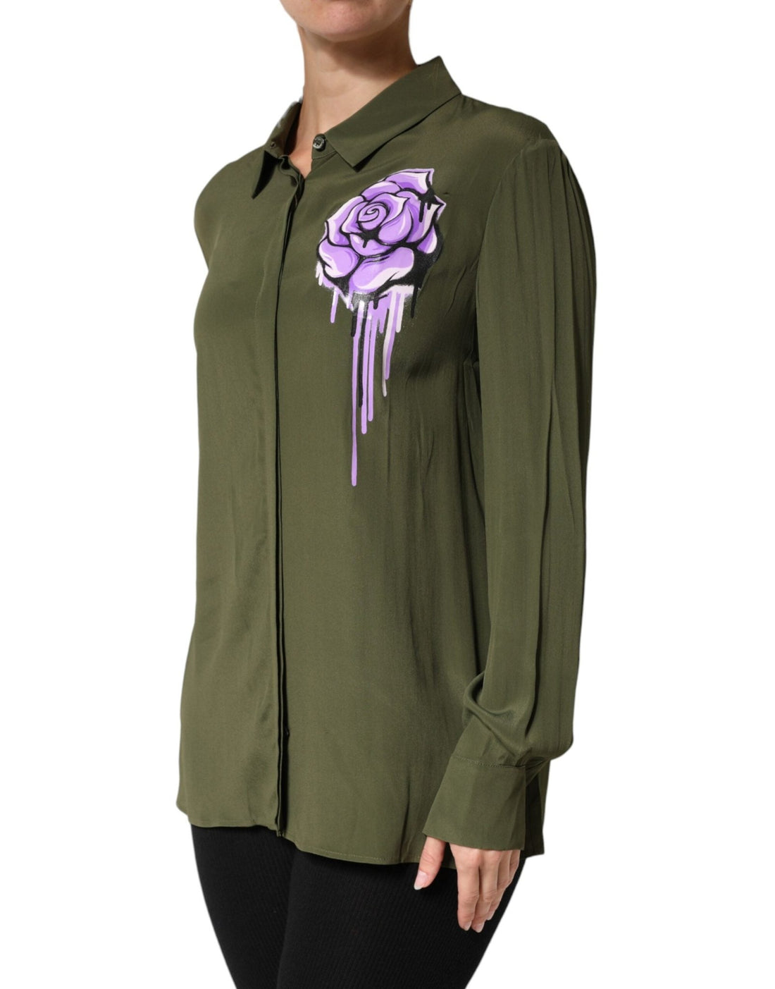 Boutique Moschino Top Green Acetate Collared Long Sleeves Floral Top - RIMODA