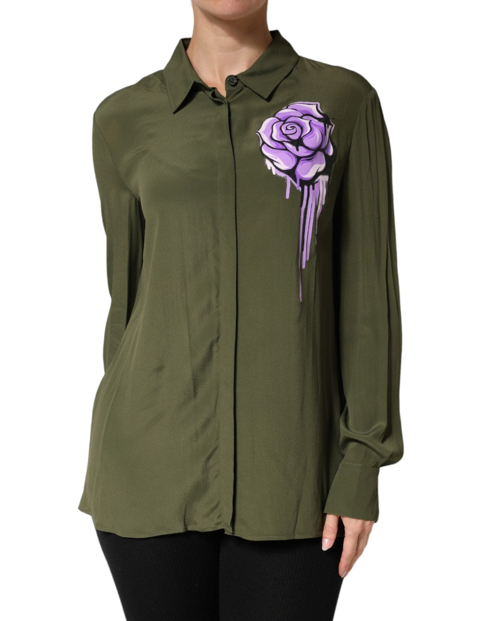 Boutique Moschino Top Green Acetate Collared Long Sleeves Floral Top - RIMODA