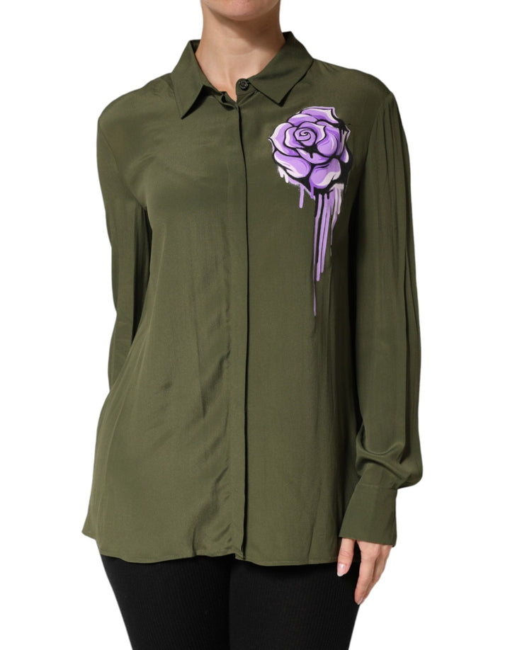 Boutique Moschino Top Green Acetate Collared Long Sleeves Floral Top - RIMODA