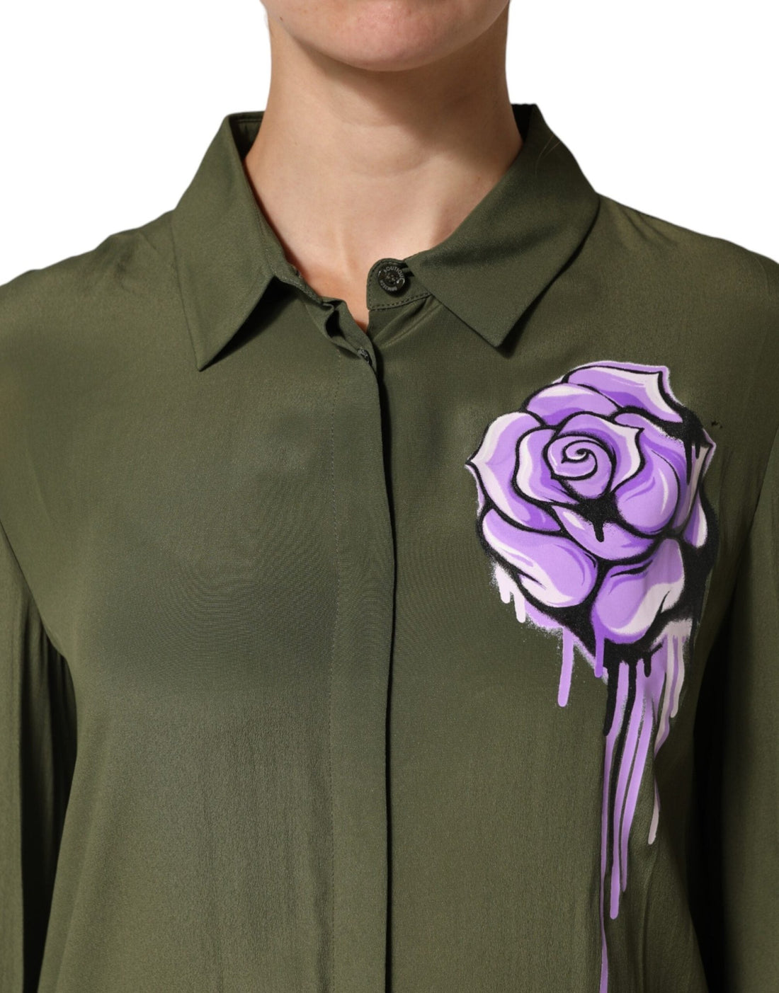 Boutique Moschino Top Green Acetate Collared Long Sleeves Floral Top - RIMODA