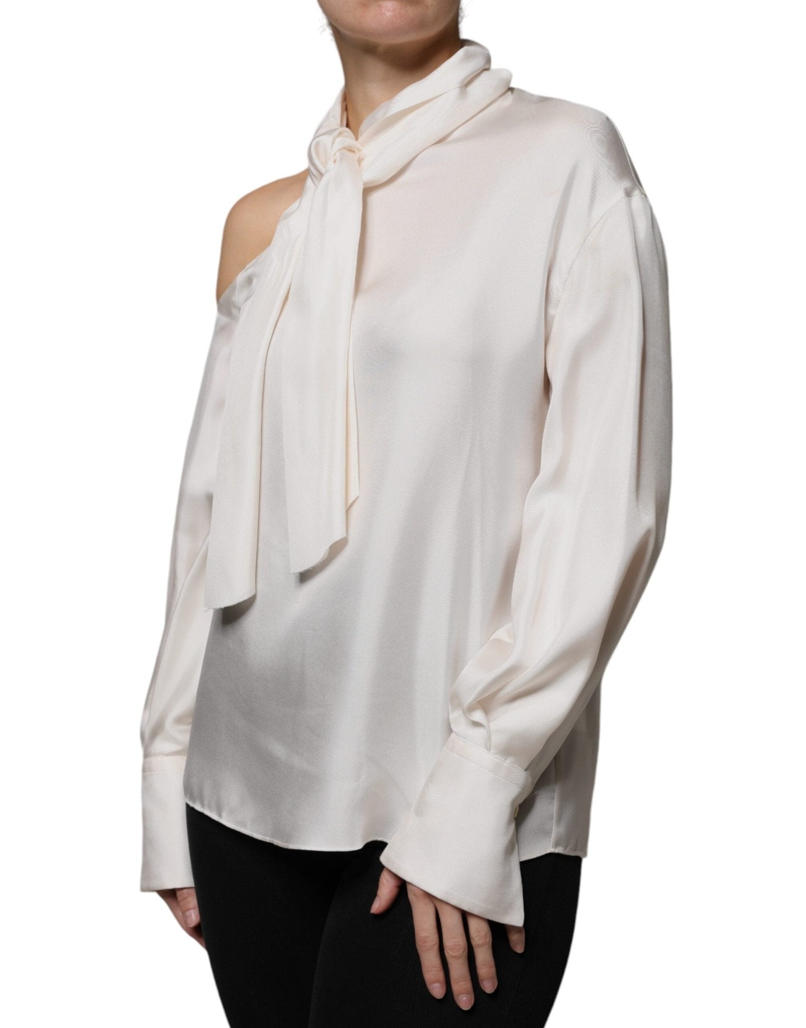Brunello Cucinelli Beige Silk Ascot Collared Long Sleeves Top - RIMODA