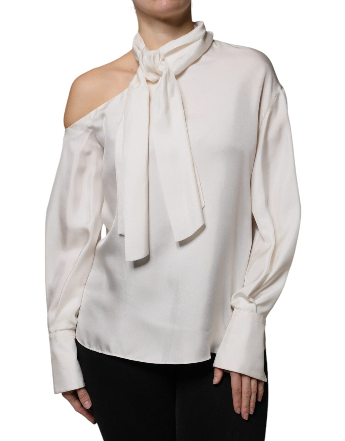 Brunello Cucinelli Beige Silk Ascot Collared Long Sleeves Top - RIMODA