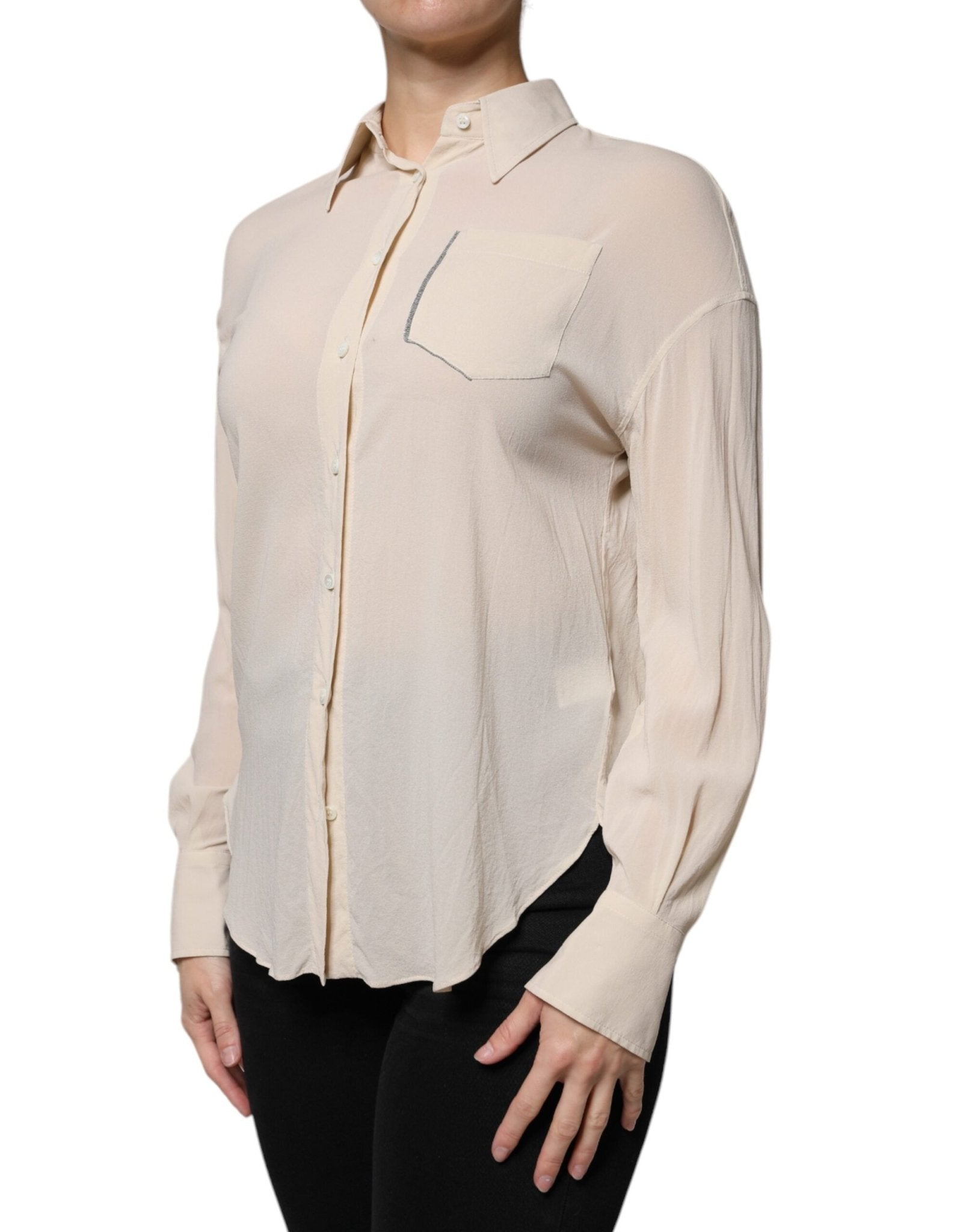 Brunello Cucinelli Beige Silk Blend Collared Button Down Top - RIMODA