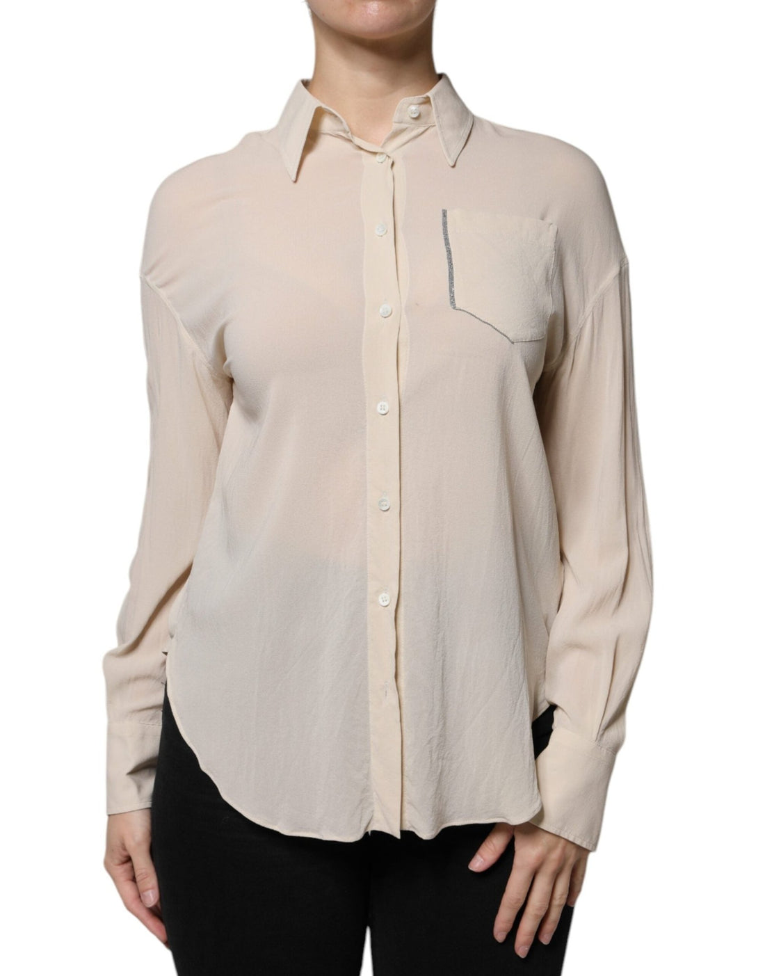 Brunello Cucinelli Beige Silk Blend Collared Button Down Top - RIMODA