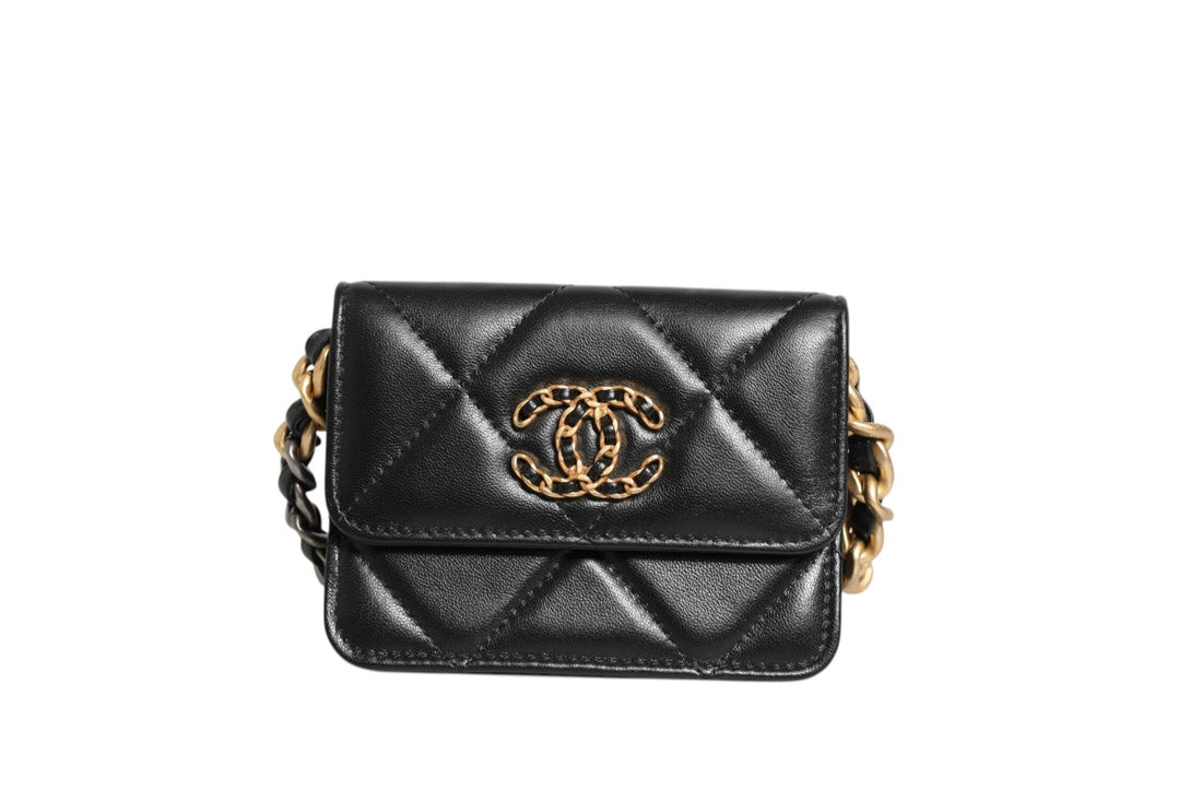 Chanel 19 Flap Coin Purse Quilted Leather Black Crossbody - RIMODA