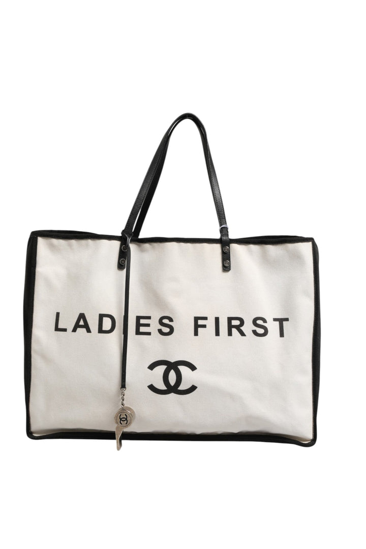 Chanel Ladies First White and Black Canvas Shopper Tote Bag - RIMODA