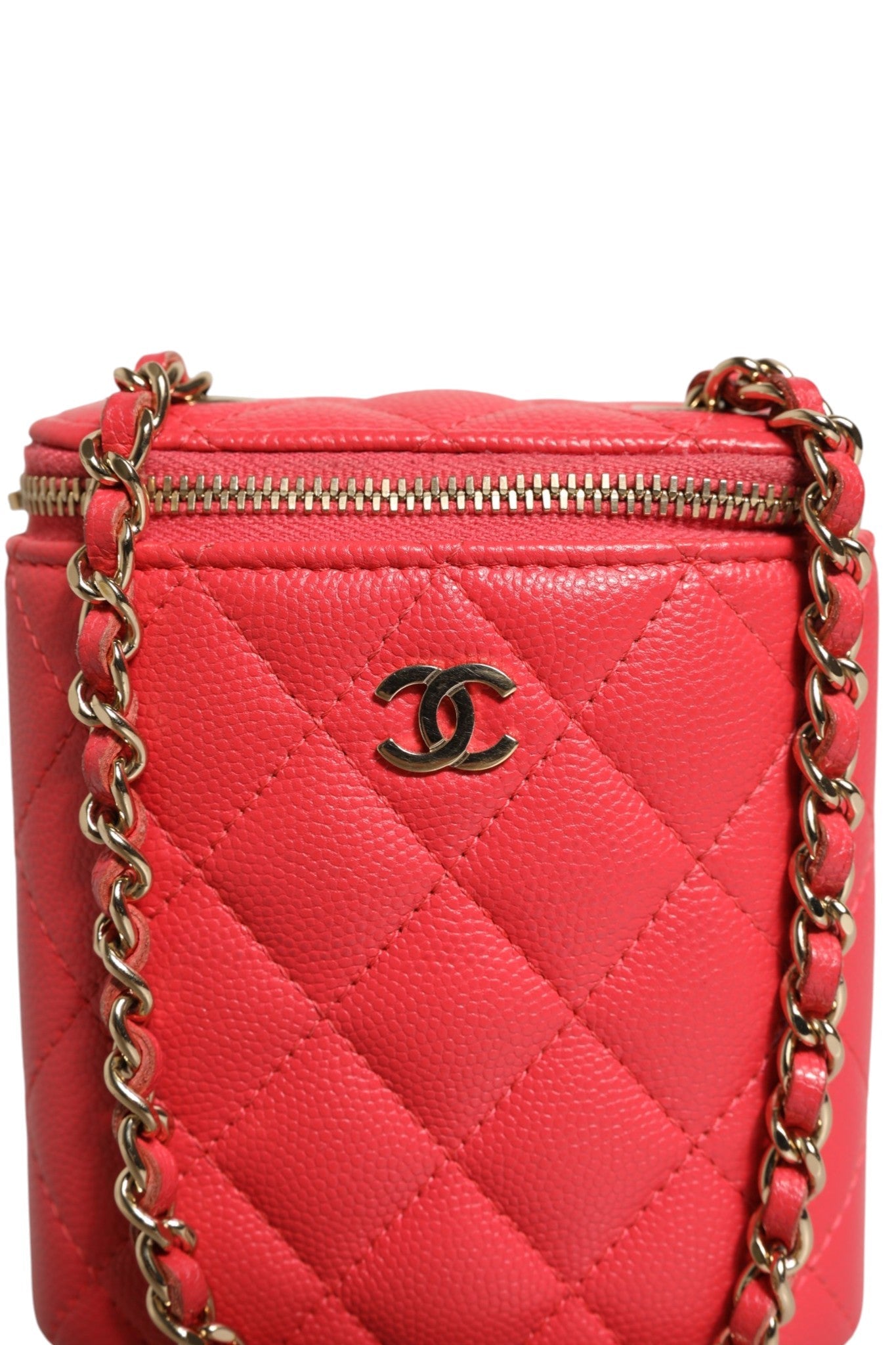 Chanel Red Caviar Quilted Small Vertical Coco Beauty Vanity Case with Chain - RIMODA