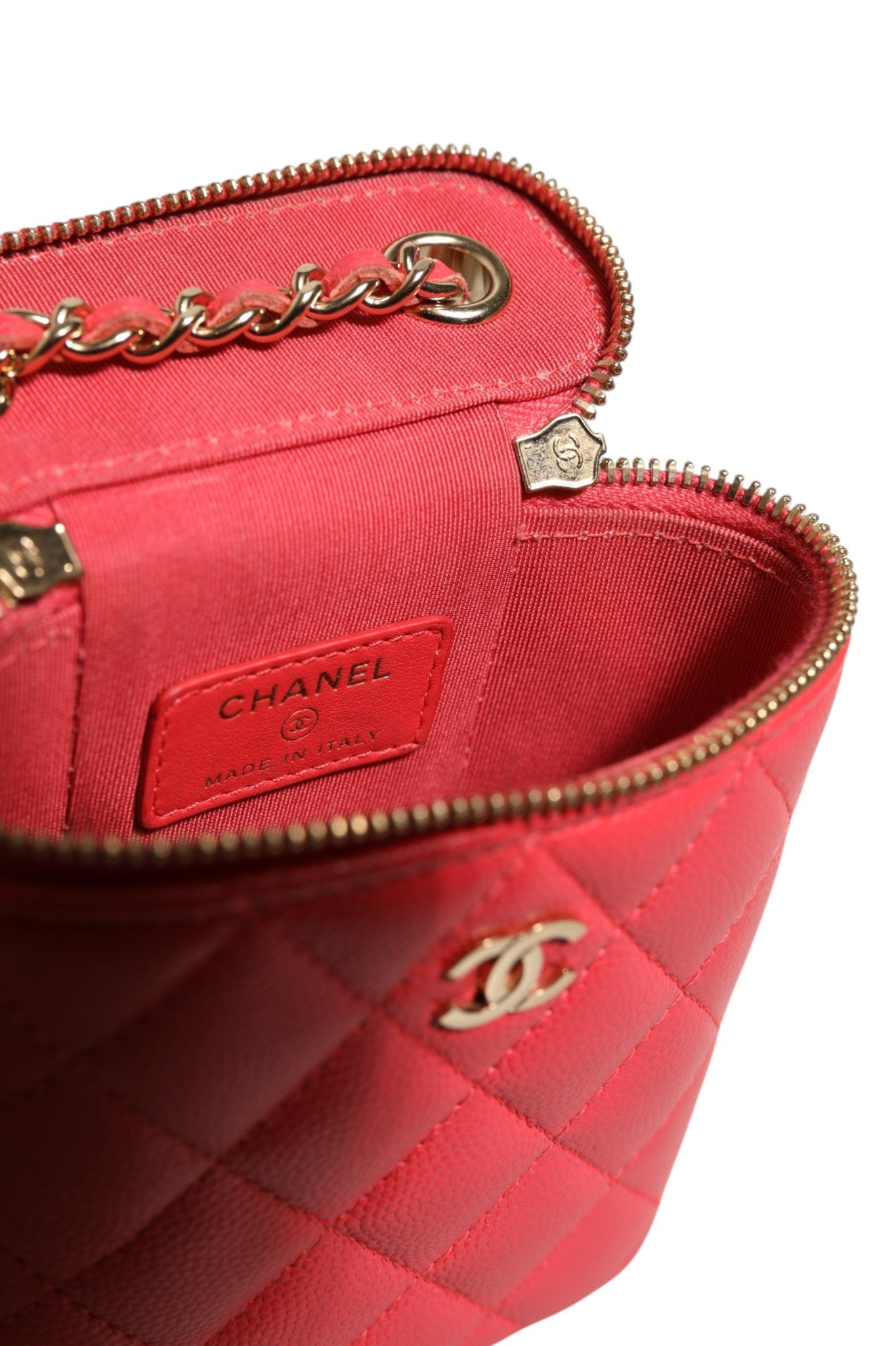 Chanel Red Caviar Quilted Small Vertical Coco Beauty Vanity Case with Chain - RIMODA