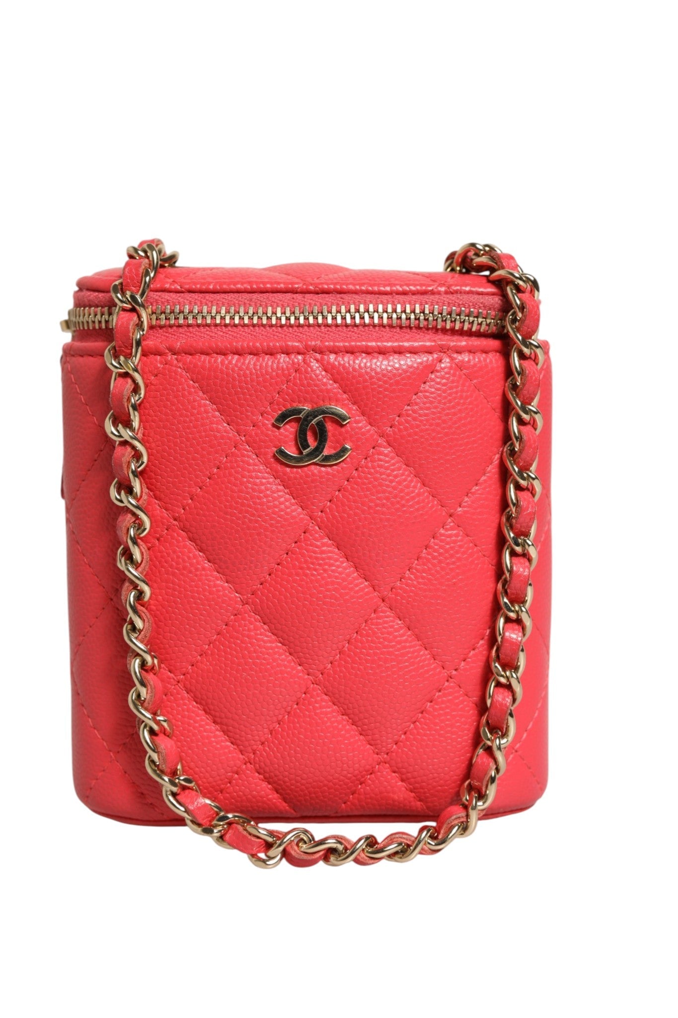 Chanel Red Caviar Quilted Small Vertical Coco Beauty Vanity Case with Chain - RIMODA
